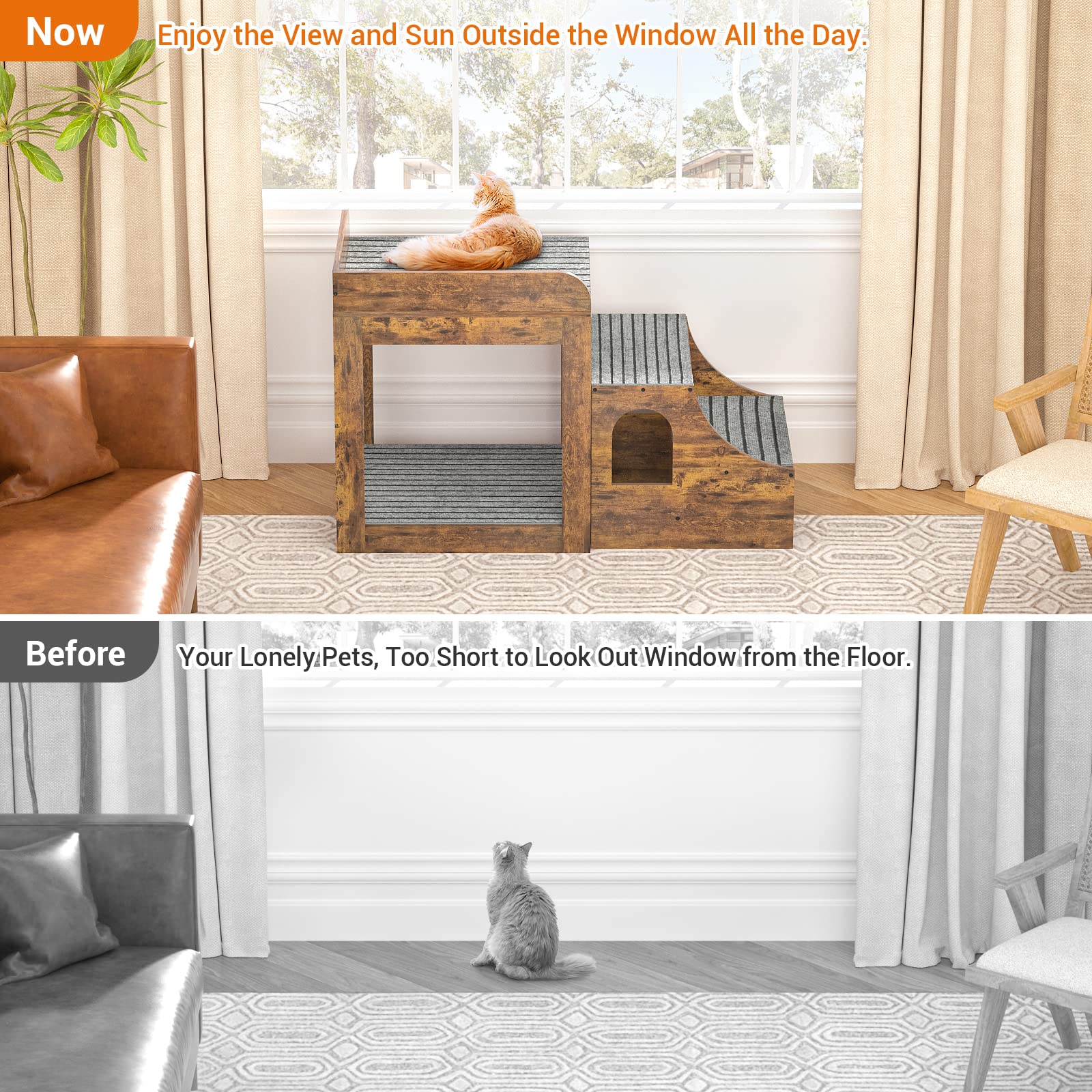Cyclysio Super Large Pet Window Perch with Stairs - Multi-Level Cat Bunk Bed with Mats & Drawers - Rustic Pet Bed Couch for Cats - Perfect for Bedside, Living Room & Indoor Use - Cozy Spot for Napping, Sunbathing & Watching Birds