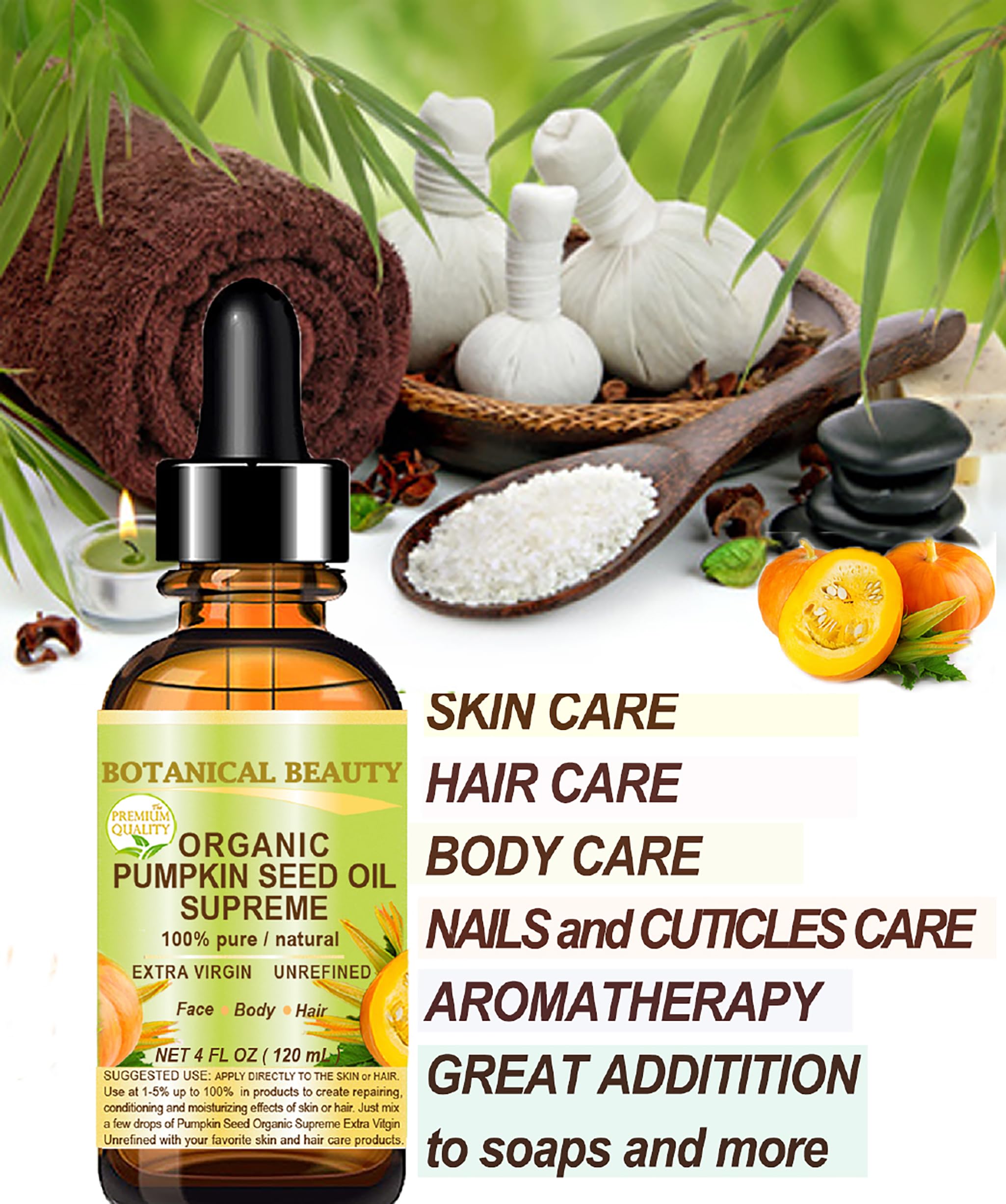 Organic Pumpkin Seed Oil 100% Pure Extra Virgin Unrefined Cold Pressed - Natural Carrier Oil for Skin, Hair & Nail Care - 4 Fl Oz (120ml) - Perfect for DIY Beauty Recipes, Massage & Aromatherapy