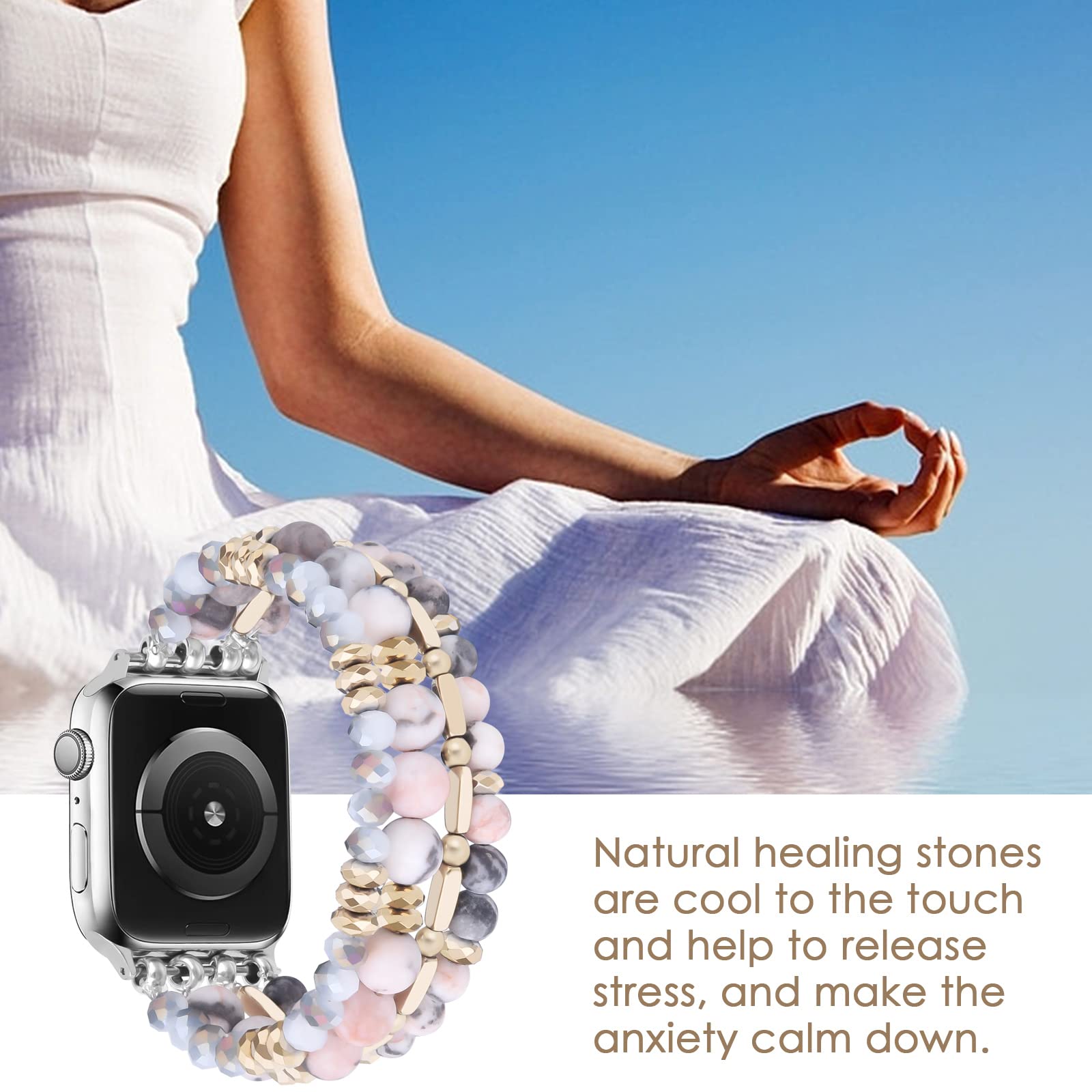 Boho Beaded Stretchy Apple Watch Band 42mm 44mm 45mm 46mm Compatible with Series 10/9/8/7/6/5/4/SE/3/2/1 - Handmade Crystal Beads Fashion Bracelet for Women | Perfect for Yoga, Workouts & Boho Style Outfits