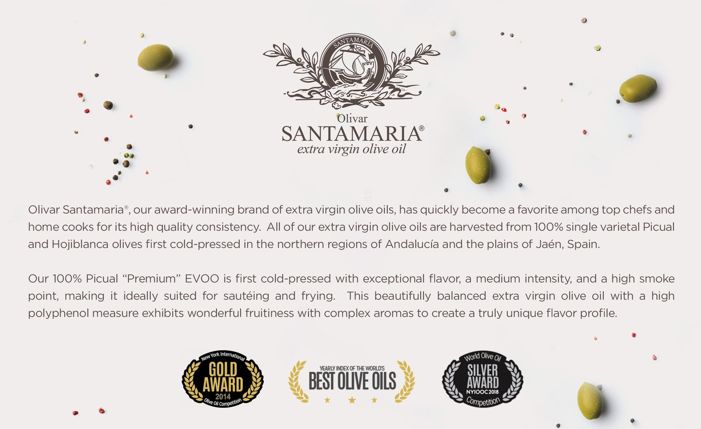 Olivar Santamaria Premium Extra Virgin Olive Oil - Cold Pressed Picual Variety from Spain - High Polyphenol Content (5 Liter/169.07 Fl Oz) - Ideal for Salad Dressings, Cooking, Frying, Marinades & Healthy Mediterranean Diet
