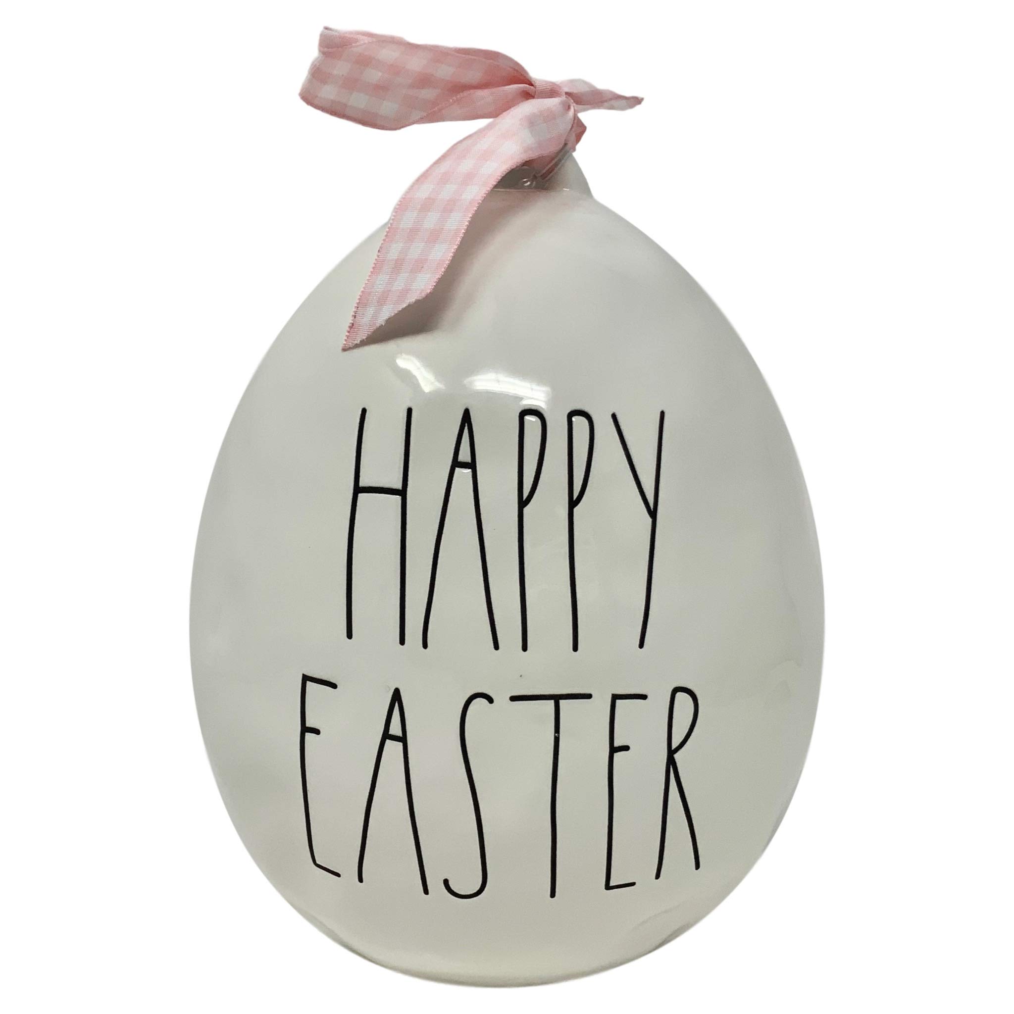 Rae Dunn Large White Easter Egg - Artisan Collection by Magenta - Happy Easter in Bold Black Lettering - Perfect for Easter Home Decor, Table Centerpieces, and Spring Holiday Celebrations (Ribbon Style May Vary)