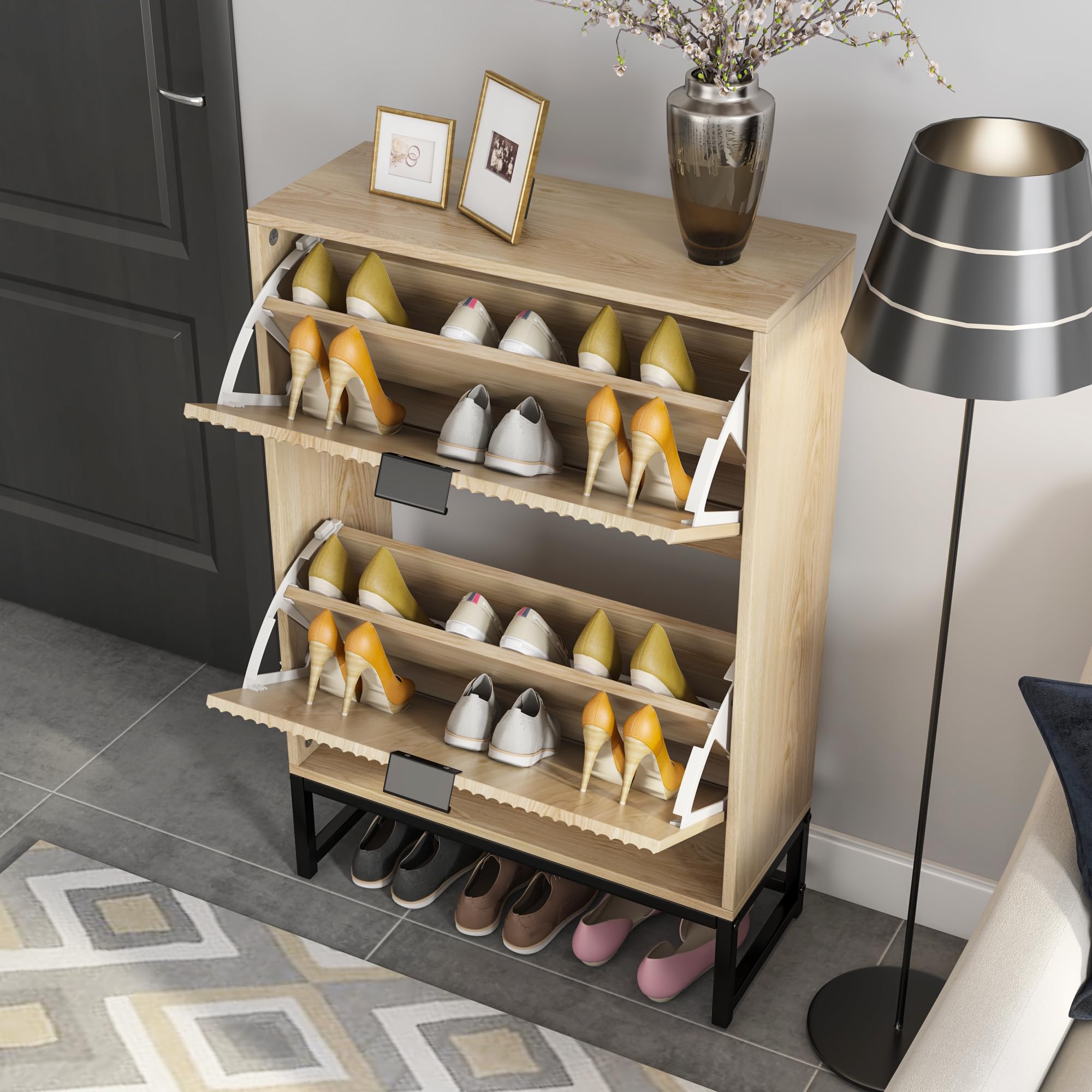 Modern Slim Wooden Shoe Cabinet with 2 Flip Drawers - Freestanding Narrow Shoe Storage Organizer for Entryway & Living Room | Fluted Design Home Decor for Small Spaces & Apartment Hallways