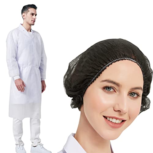 ProtectX Disposable Bouffant Hair Nets & Isolation Gowns - 100 Black Hair Caps + 100 White Polypropylene Gowns for Medical, Food Service & Laboratory Use