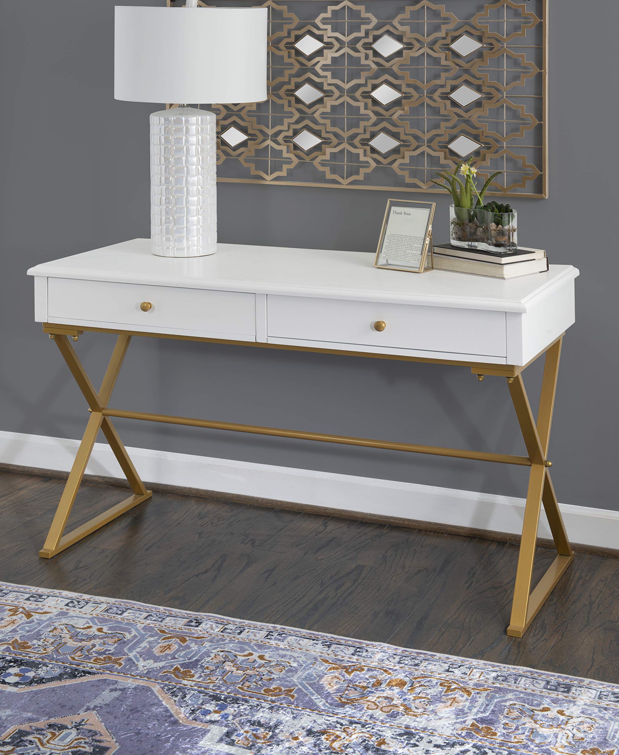 Linon Harli White Two-Drawer Campaign Desk - Compact Home Office Writing Table with Storage | Perfect for Small Spaces, Dorm Rooms & Workstations