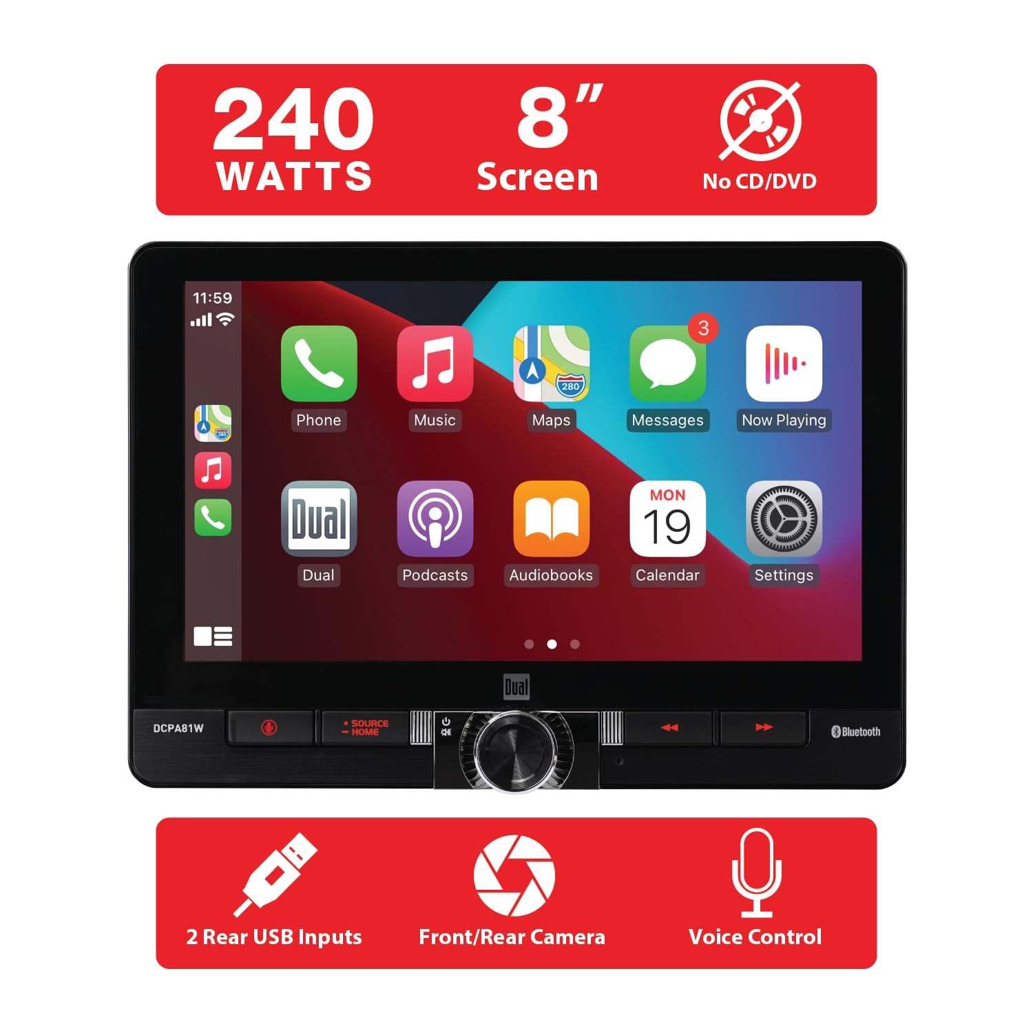 Dual Electronics DCPA81W 8-inch Apple CarPlay & Android Auto Touchscreen Car Stereo - Wireless/Wired Bluetooth Receiver with Front & Rear Camera | USB Playback & Charging | Single/Double DIN Compatible | Perfect for Commuting, Road Trips & Hands-Free Driving