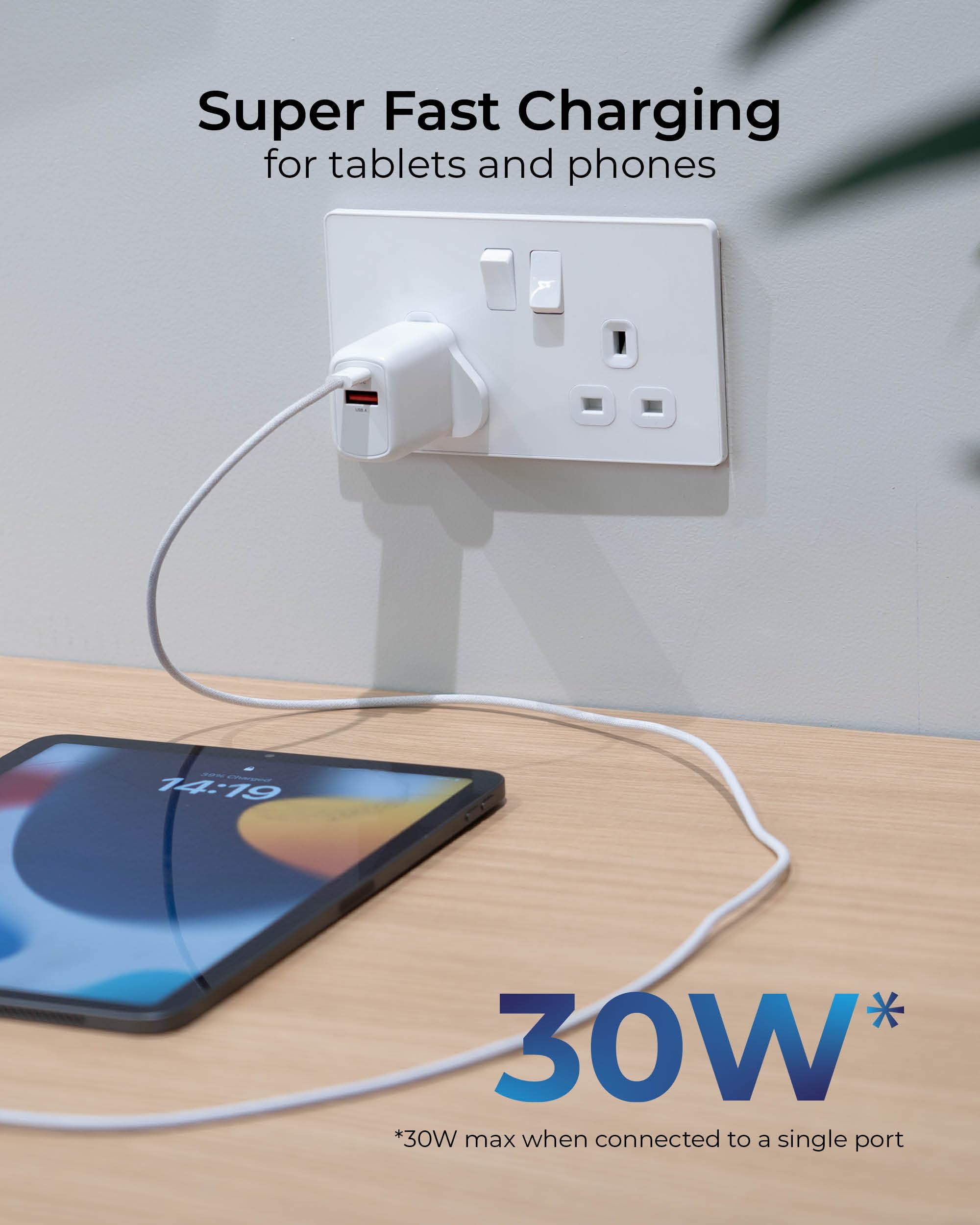 Masterplug Super-Fast 30W USB Charger with USB-A & USB-C Ports - Fast Charging for iPhone, Samsung, iPad & Tablets - Perfect for Home, Office & Travel