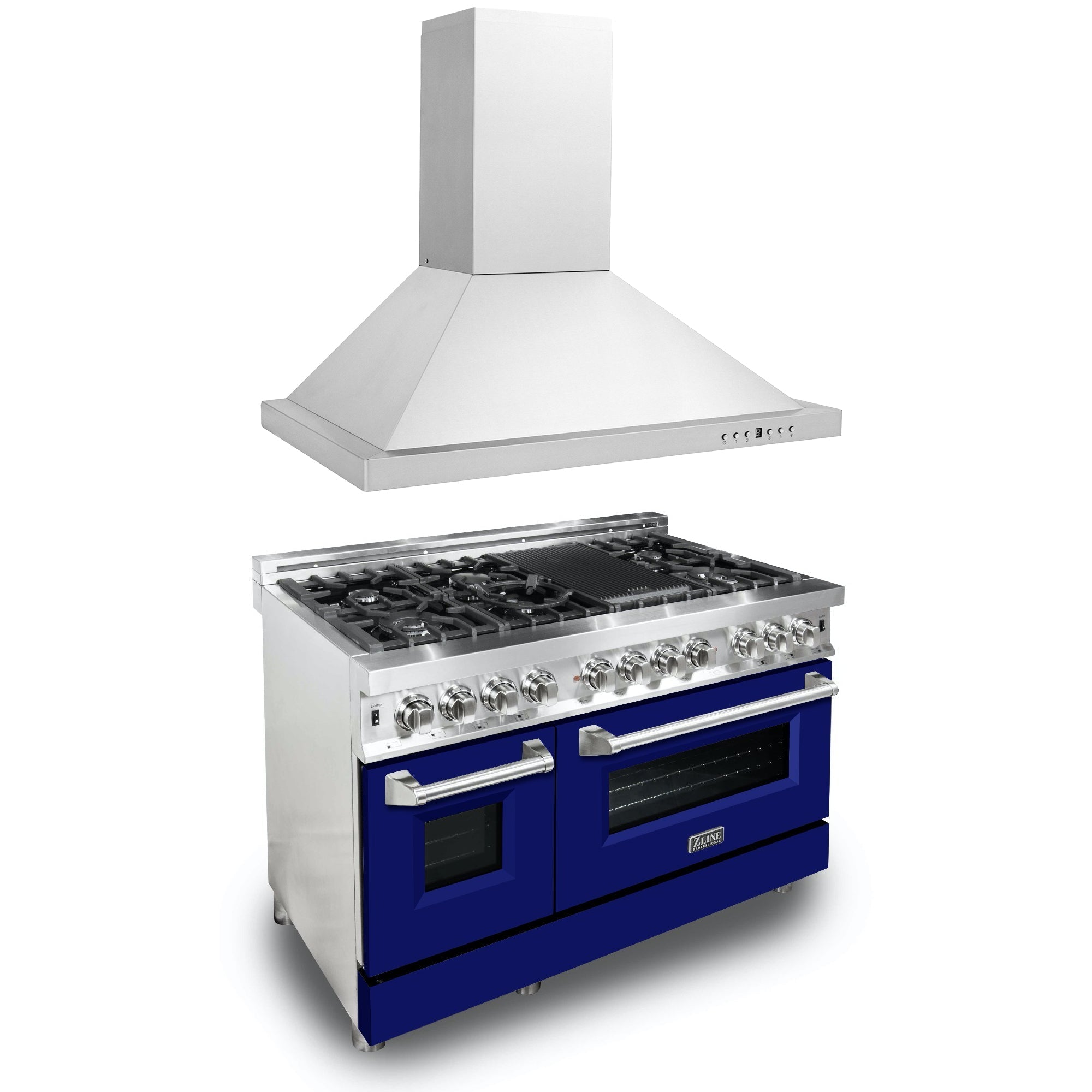 ZLINE 48-inch Professional Dual Fuel Range with Blue Matte Door & Convertible Hood - Stainless Steel Kitchen Package (2KP RABMRH48) - Perfect for Gourmet Cooking & Modern Home Kitchens