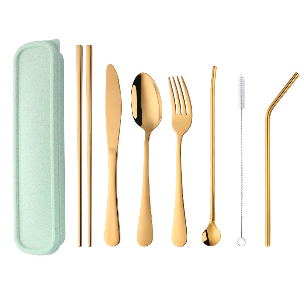 Premium 8-Piece Stainless Steel Camping Flatware Set - Knife, Fork, Spoon, Chopsticks & Straw for Outdoor Adventures