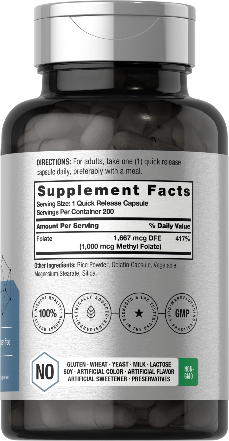 Horbäach Methyl Folate 1000 mcg Supplement (200 Capsules) - 5-MTHF Active Folate for Women & Men - Non-GMO, Gluten Free - Supports Heart Health, Pregnancy & Cognitive Function - Perfect for Prenatal Care & Daily Wellness