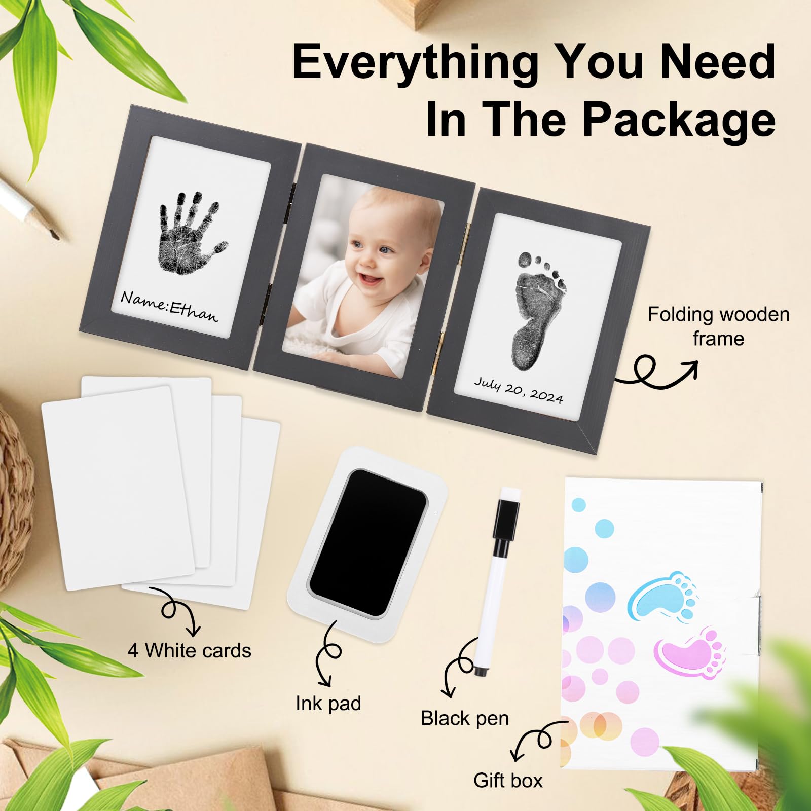 **Inkless Baby Handprint and Footprint Kit - Newborn Keepsake Wooden Frame, Perfect Gift for New Parents, Baby Shower Present for Boys & Girls (Black) - Capture Precious Memories for Birthdays, Christenings & First Holidays**