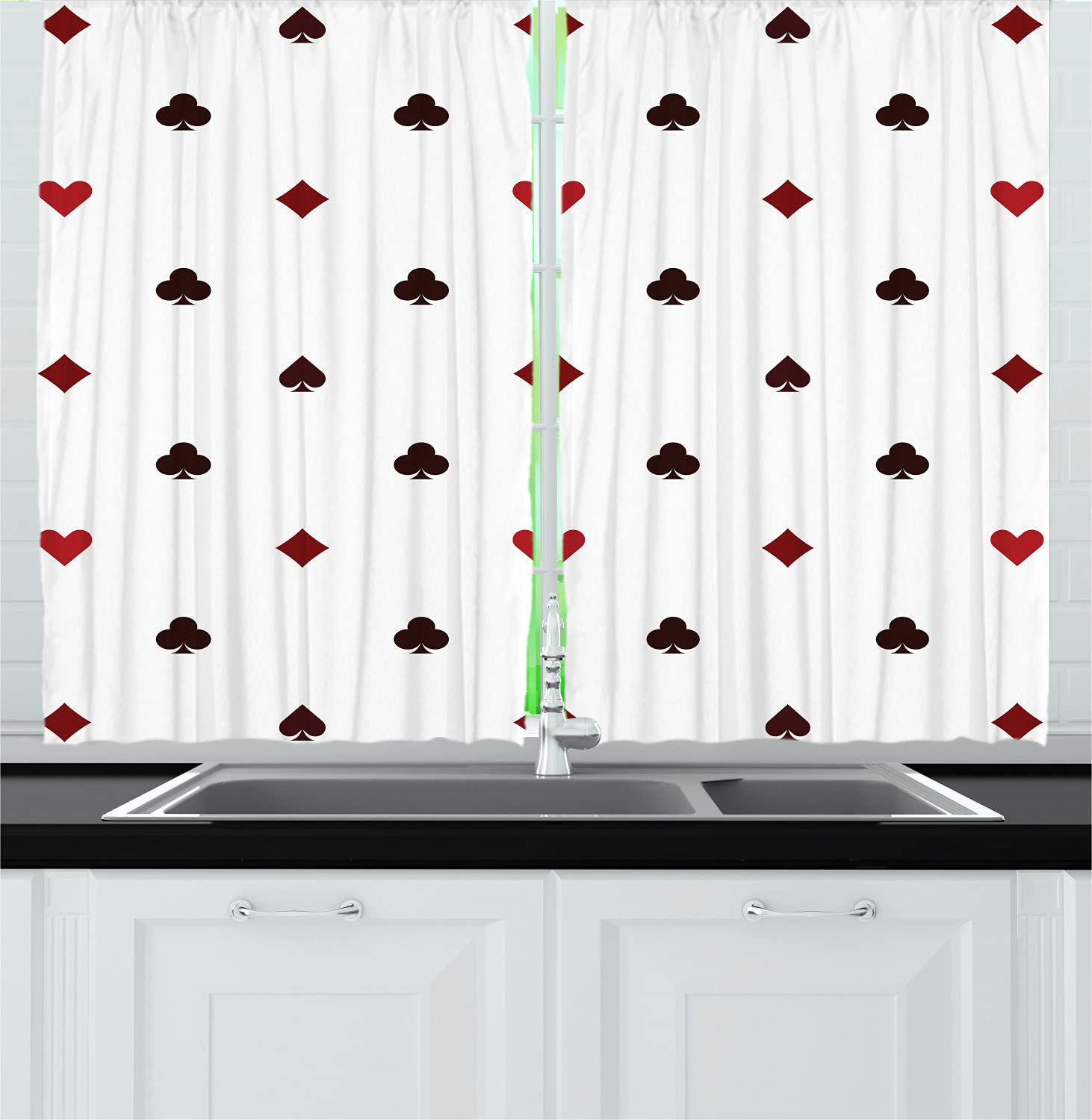 Ambesonne Casino Themed Kitchen Curtains - Gambling Club Fortune Luck Minimalist Design with Rod Pocket, Set of 2 Panels 55x45 Inches Red Ruby Maroon - Perfect for Casino Lovers, Game Rooms & Themed Decor