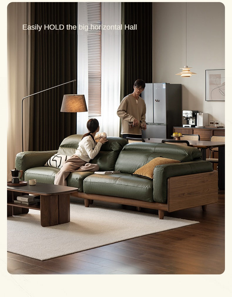 Premium Black Walnut Solid Wood Leather Sofa - Italian Modern Luxury Living Room Furniture for Home & Office Decor