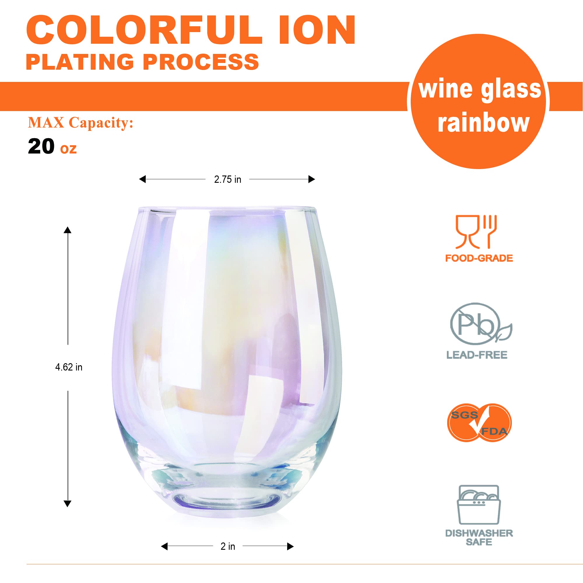 Rainbow Stemless Wine Glasses Set of 4 - 20oz Iridescent Drinking Cups for Red & White Wine, No Stem Tumblers, Elegant Beverage Glasses for Water, Juice, Cocktails - Perfect for Home, Bar, Parties, Weddings & Gift Giving