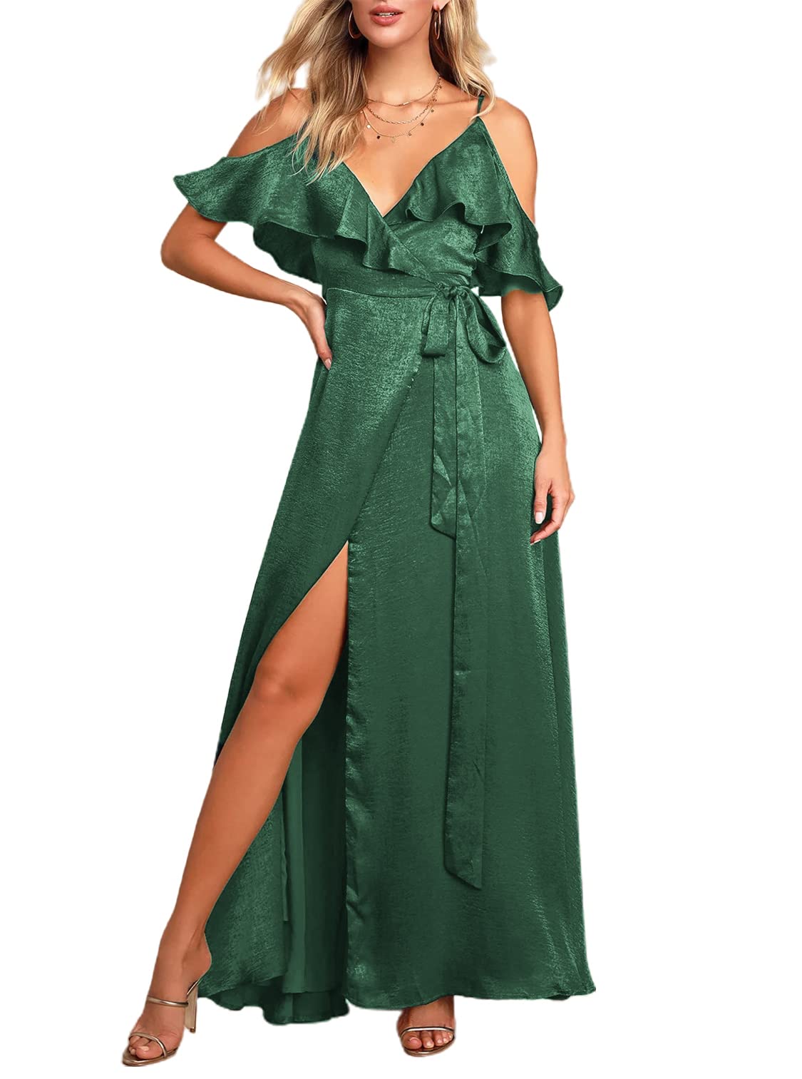 BerryGo Women's Satin Wedding Guest Dress - Cold Shoulder Ruffle V-Neck Maxi Wrap Slit Bridesmaid Dress for Semi-Formal Occasions | Perfect for Weddings, Parties & Special Events
