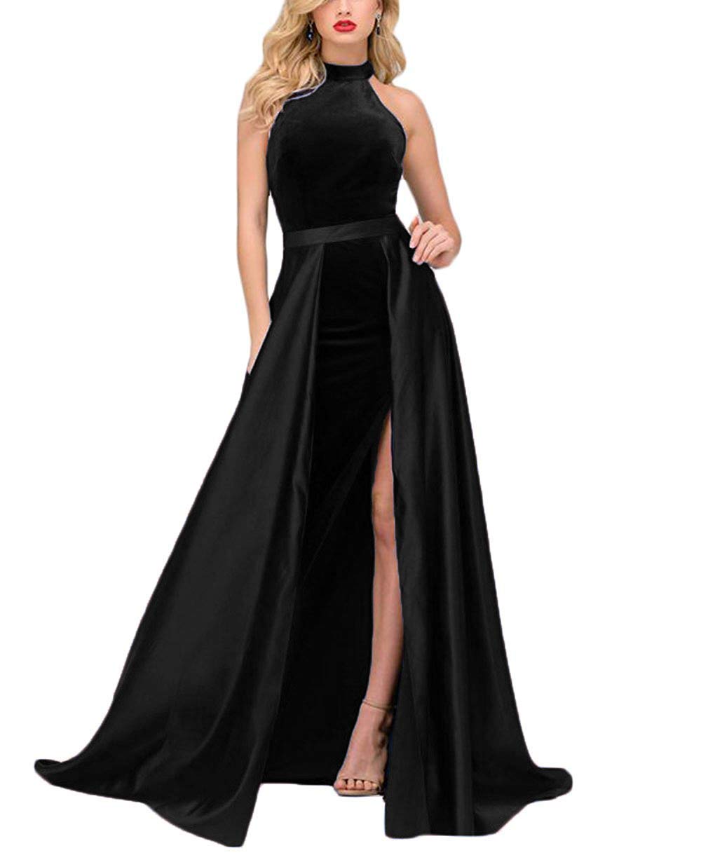 Vivi Women's Velvet Prom Dress with High Neck & Slit - Elegant Mermaid Evening Gown with Detachable Train for Formal Events, Parties & Special Occasions