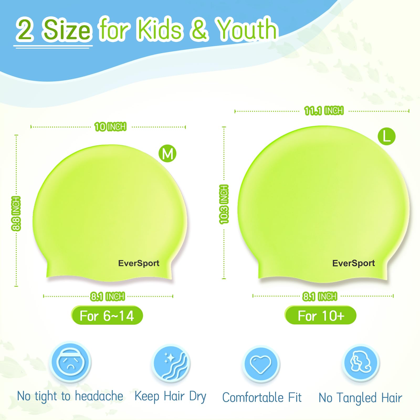 EverSport Kids Swim Cap for Girls 6-14 Years - Large Silicone Swimming Cap for Long Hair & Braids - Keeps Hair Dry - Perfect for Pool, Beach & Swim Lessons