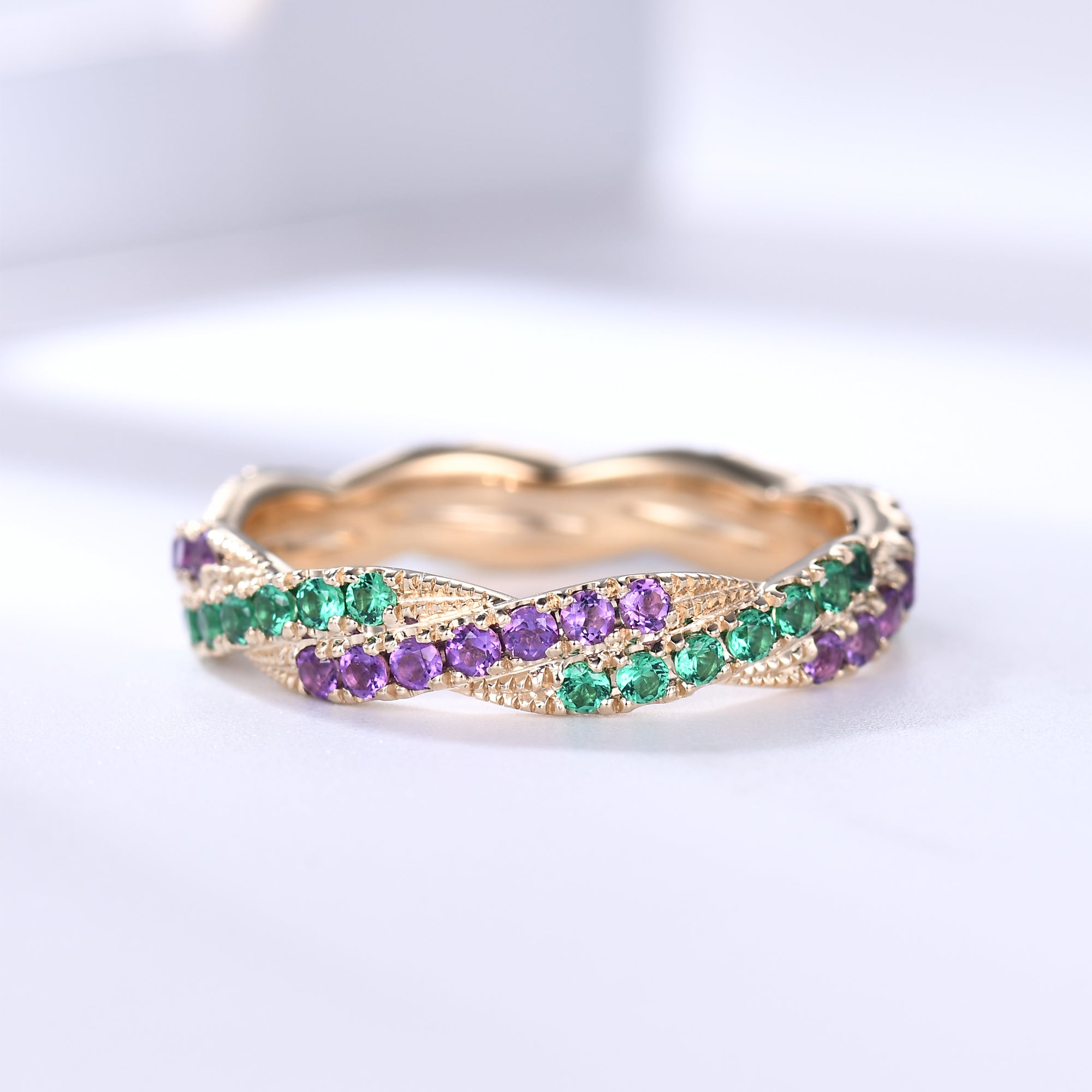Twisted Emerald Amethyst Yellow Gold Wedding Band - Full Eternity Ring for Women | Elegant Bridal Jewelry, Anniversary Gift, Romantic Occasion Present