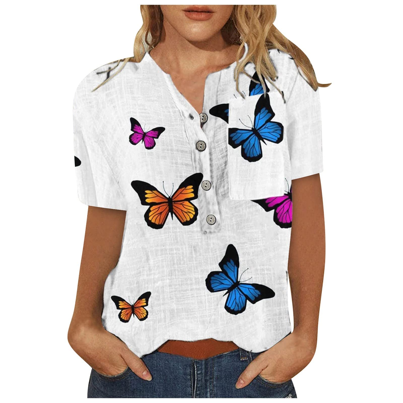 Summer Tops for Women - Tie Dye V Neck Short Sleeve Tee with Pocket | Casual & Dressy for Outings