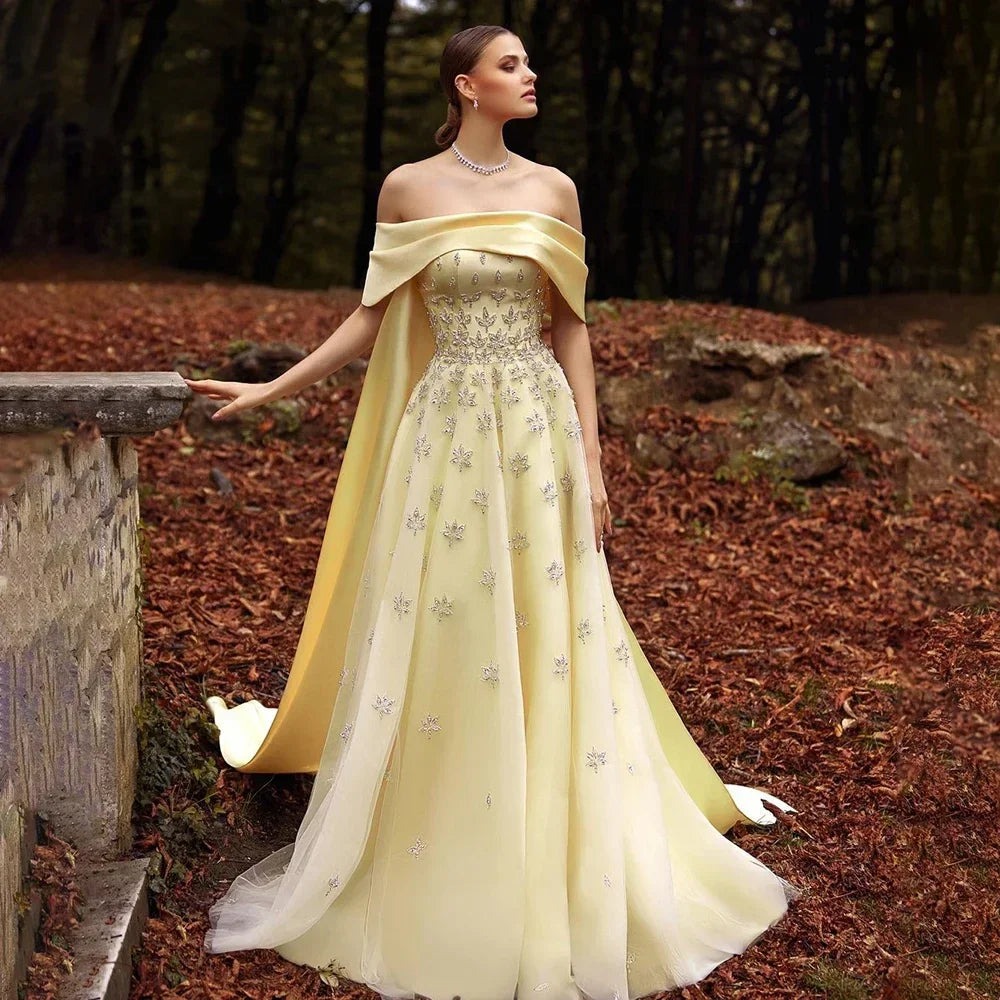 Serene Hill Luxury Dubai Arabic Yellow Elegant Boat Neck Long Evening Dress Beaded Party Gown for Women - LA72531 | Perfect for Weddings, Galas, and Formal Events