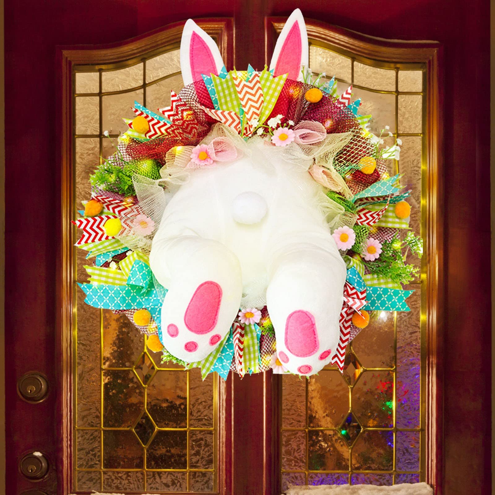LED Easter Bunny Wreath Decor for Front Door - Spring Rabbit Butt Wreath with Lights - Indoor/Outdoor Hanging Door Wall Window Decoration - Perfect for Easter Home Decor, Spring Welcome Sign, and Holiday Party Decorations