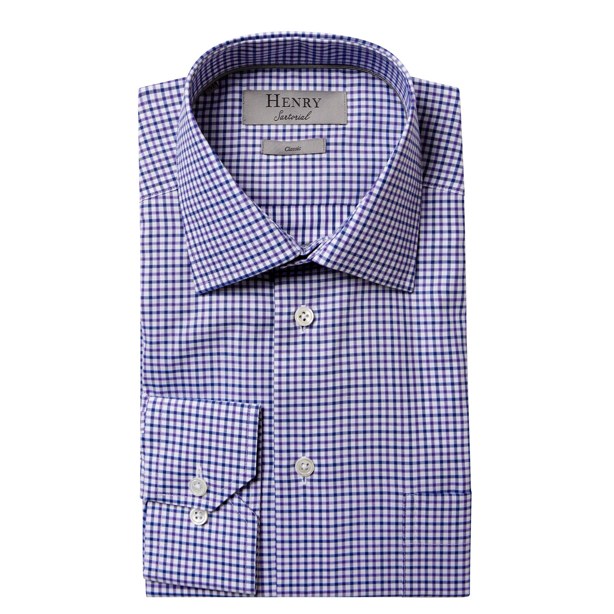 HENRY SARTORIAL Men's Casual Check Button Down Shirt - Dark Navy, White & Purple Plaid - Comfortable Office Wear & Weekend Outfits