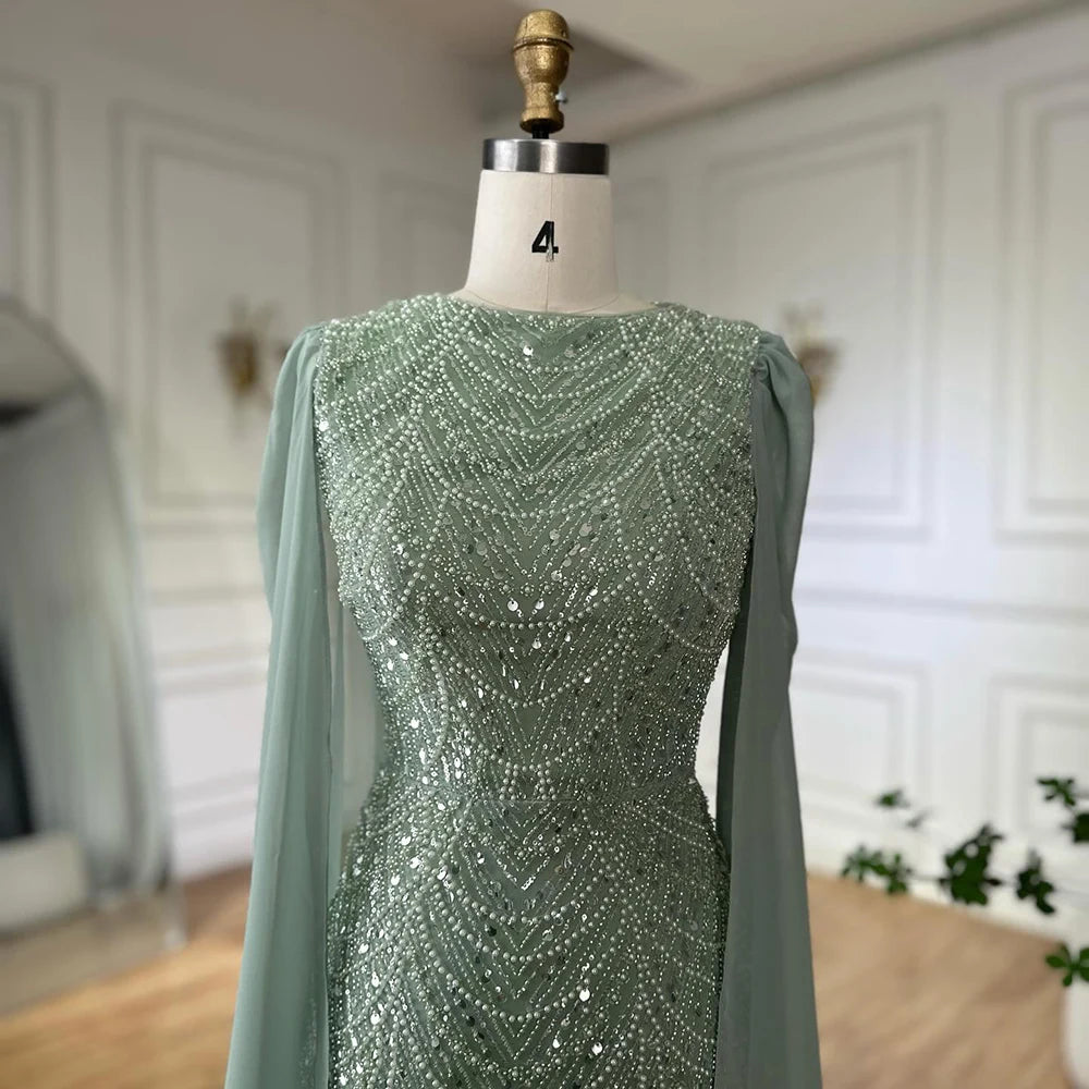 Luxury Dubai Saudi Arabia Blue Mermaid Cape Sleeve Beaded Evening Gown LA72160A - Elegant Formal Dress for Prom, Gala & Red Carpet Events