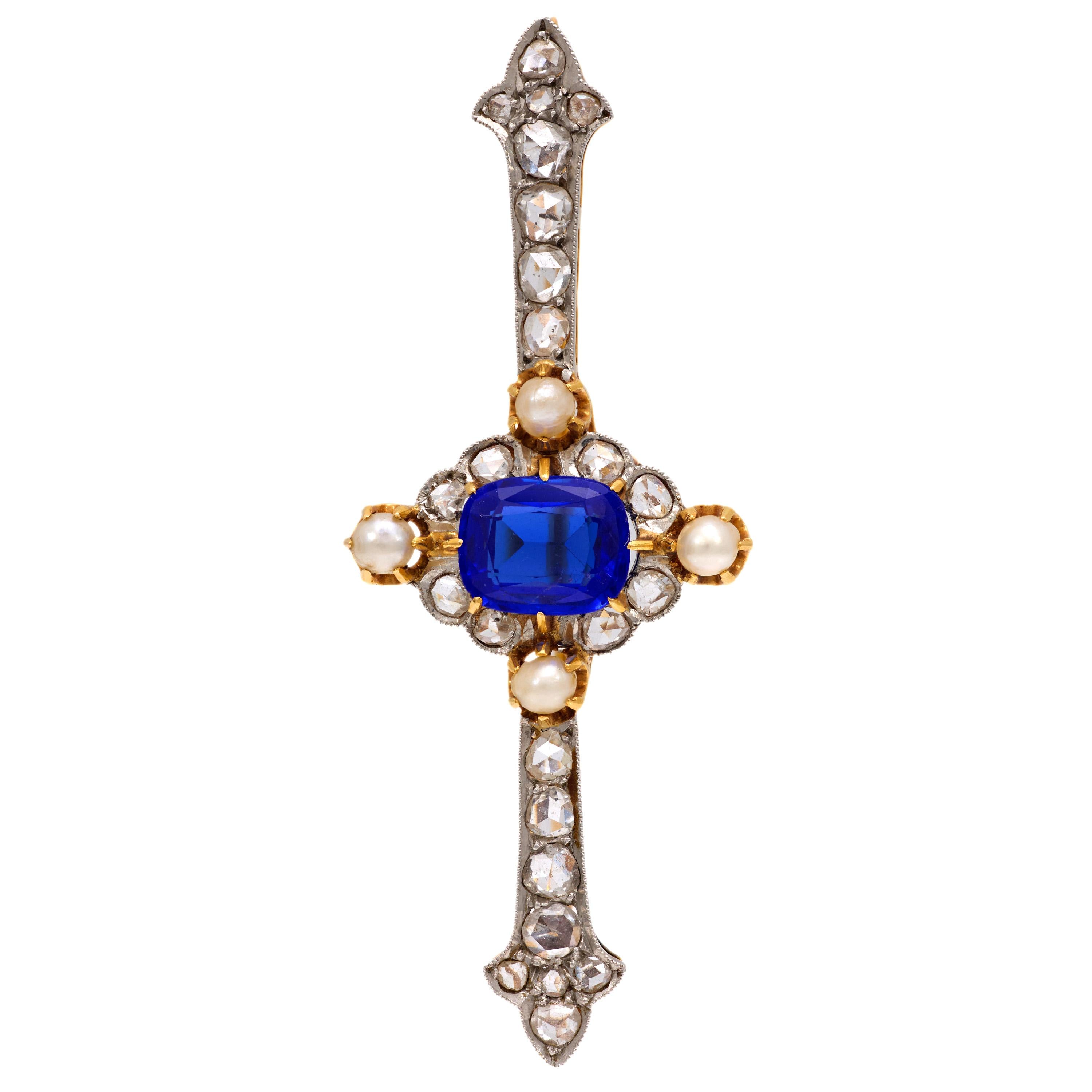 2.80 Carat Victorian Style Synthetic Sapphire & Pearl Brooch in 18K Yellow Gold - Elegant Vintage Jewelry for Weddings, Parties & Special Occasions
