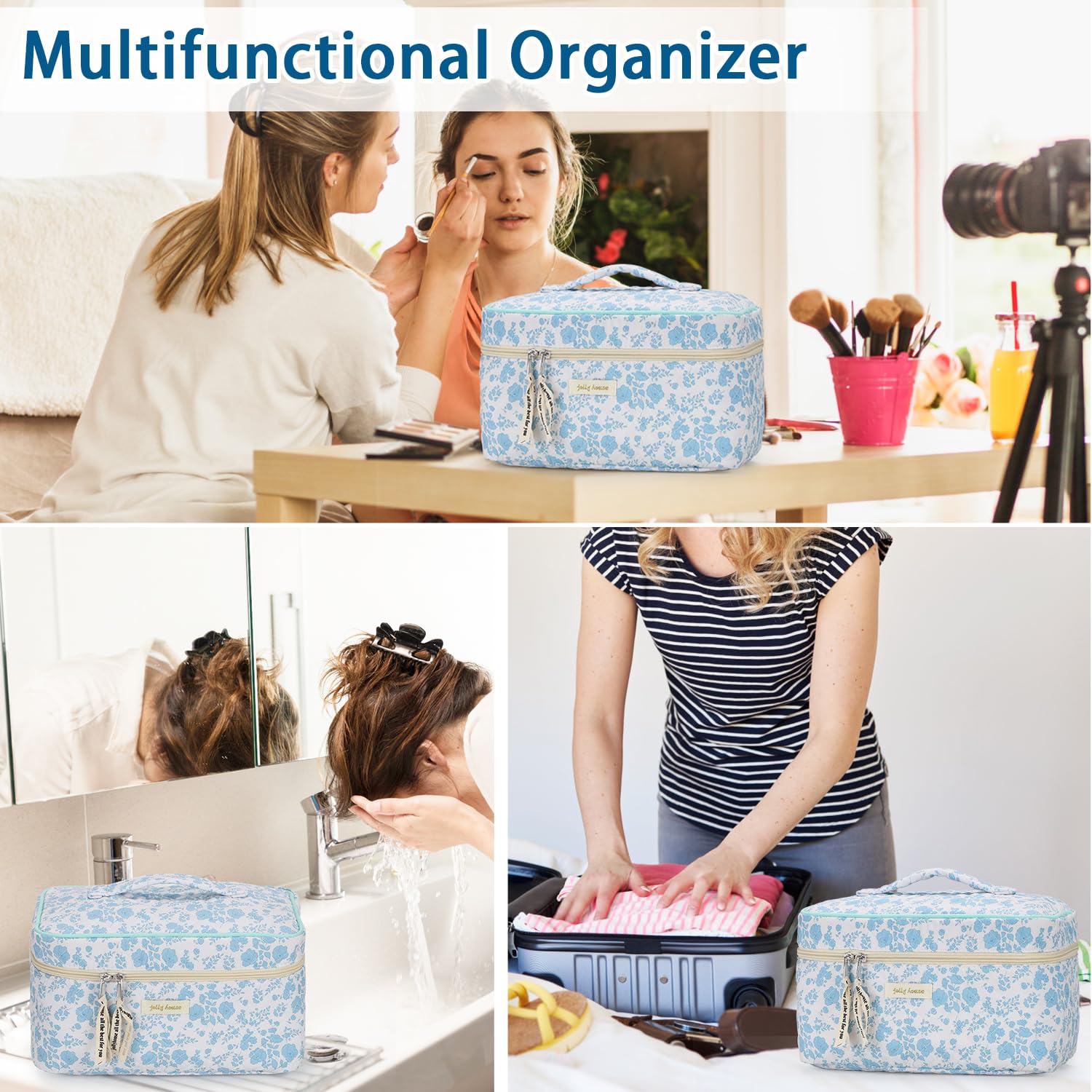 Sightor Large Cotton Makeup Bag for Women - Quilted Cosmetic Travel Organizer with Handle, Cute Aesthetic Floral Toiletry Bag | Perfect for Travel, Gym, Daily Use & Gift Giving