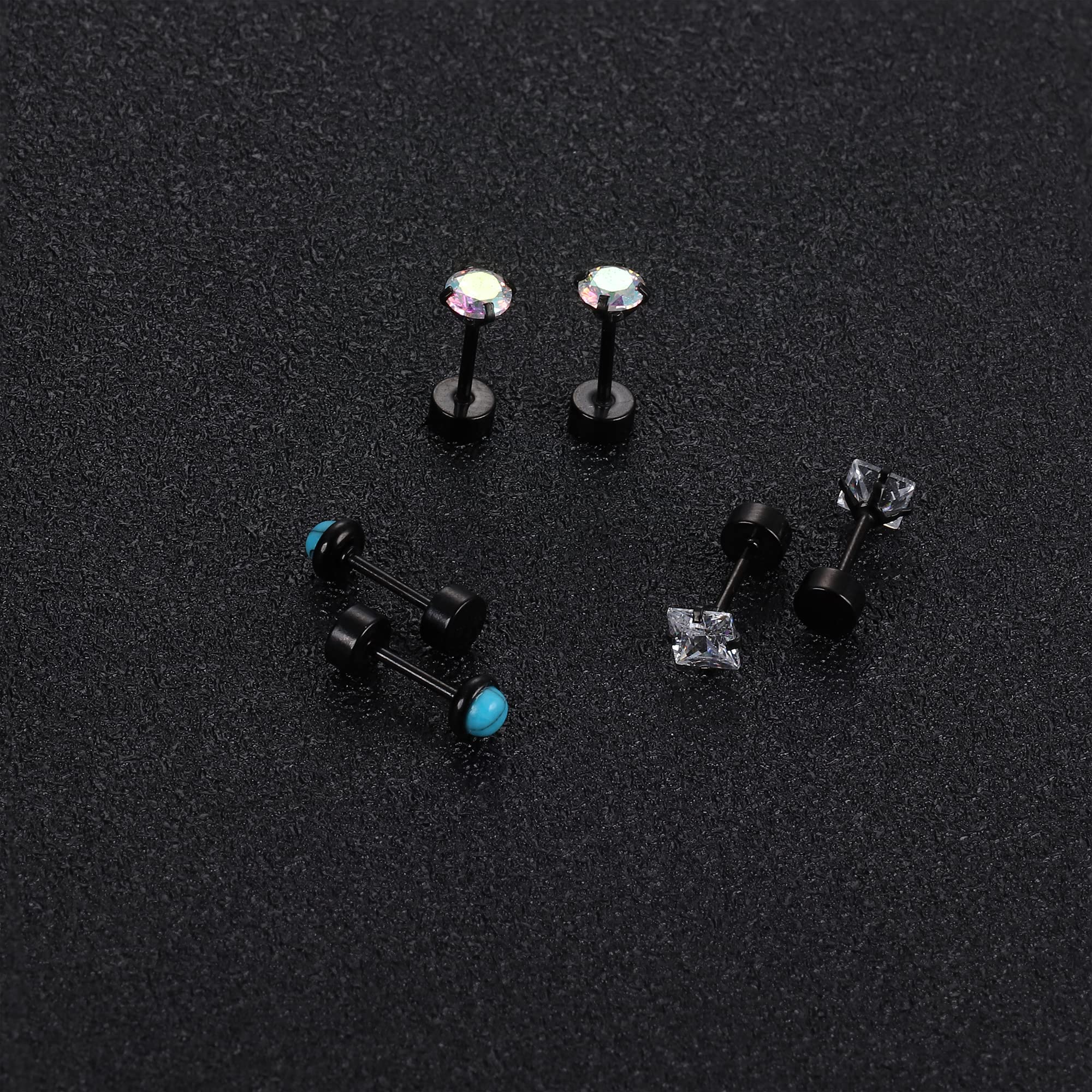 TEN MIRO 18 Pairs Tiny Cartilage Stud Earrings Set for Women & Men - 316L Stainless Steel 20G Helix Earrings with Moon, Star, Heart CZ & Opal Designs - Flat Back Piercing Jewelry (Black) - Perfect for Daily Wear, Gifts & Multiple Ear Piercings