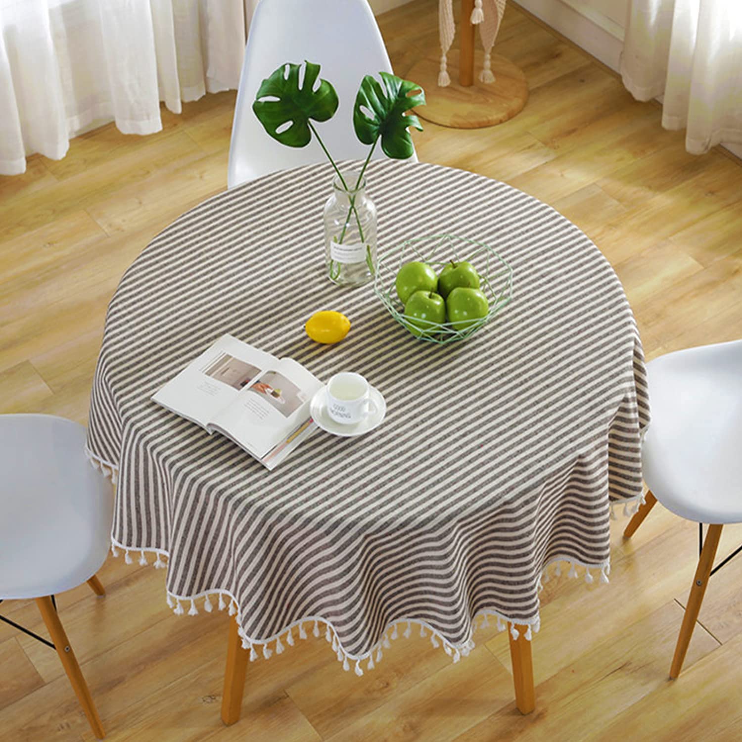 Meioro Round Tablecloth 47 Inch - Striped Cotton Linen Table Cover with Tassel Trim, Dust-Proof Dining Table Cloth for Coffee Tables, Side Tables, Card Tables - Perfect for Parties, Home Decor & Restaurant Use (Coffee Brown)
