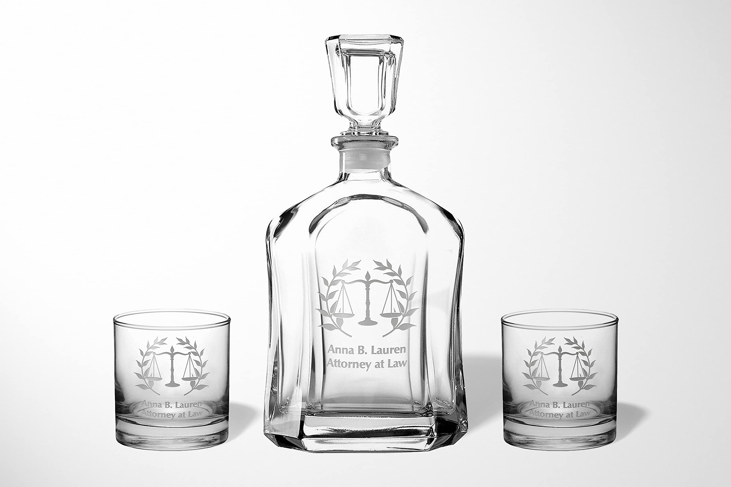 Premium Lawyer Gift Set - Engraved Whiskey Decanter & 2 Glasses with Scales of Justice Design - Perfect Attorney Office Decor, Court Case Celebration, and Whiskey Lover's Gift for Men & Women