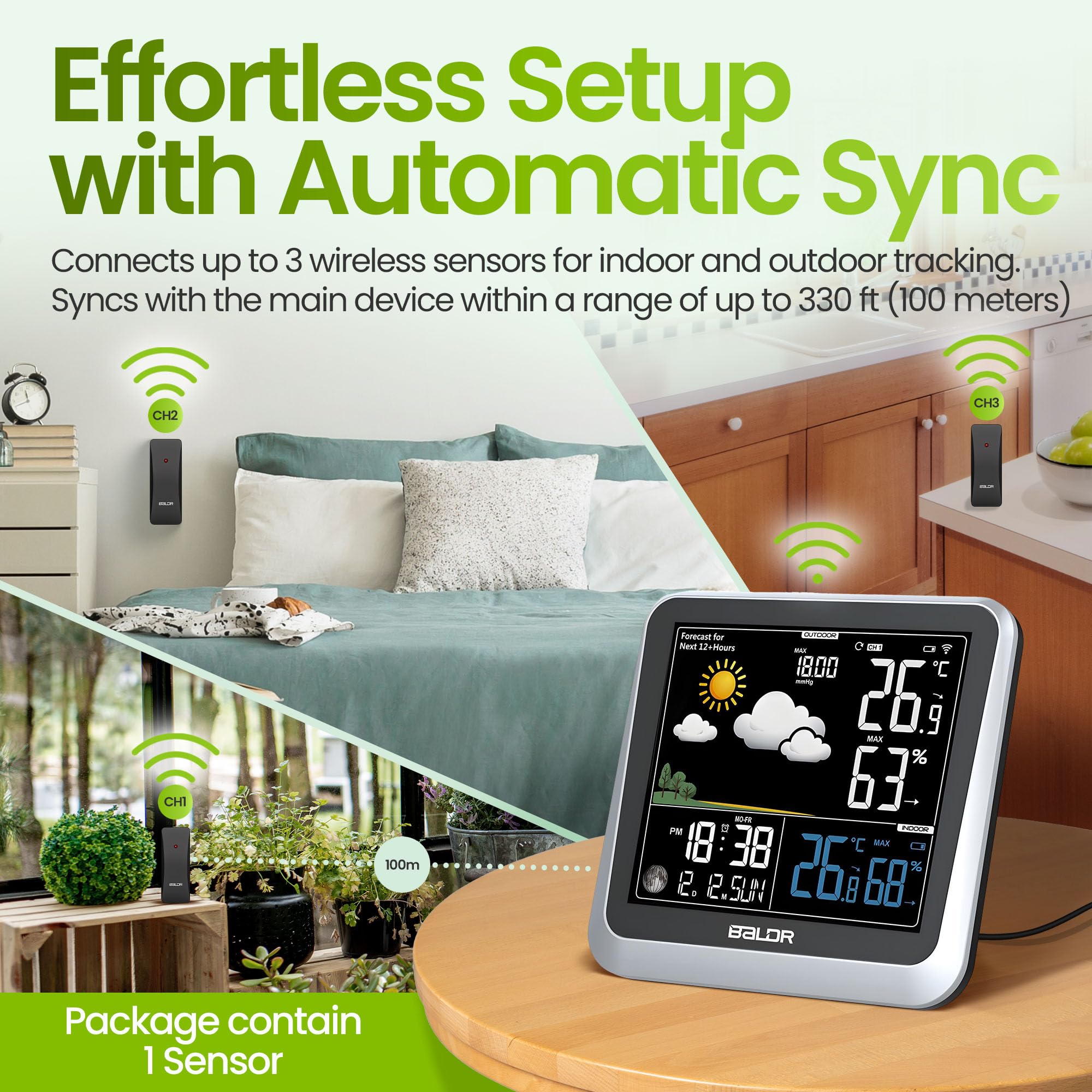 BALDR Wireless Weather Station Clock - Indoor Outdoor Thermometer with Weather Forecast, Barometer & Moon Phase Display - Accurate Temperature Humidity Monitor for Home, Office, Garden & Camping