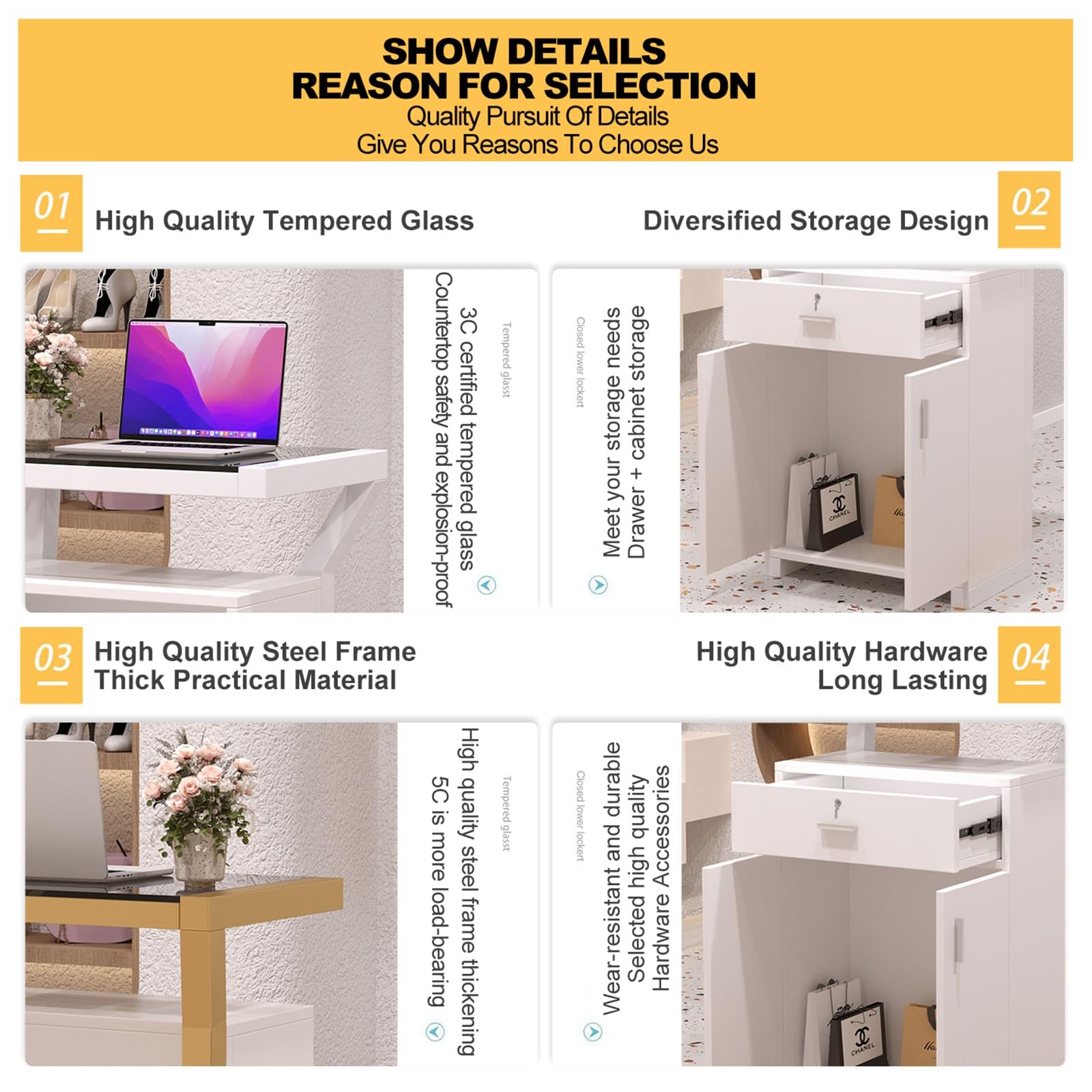Modern Reception Counter Desk with Lockable Drawers - Gold Finish Office Reception Desk for Lobby, Beauty Salon, Supermarket & Retail Stores - Durable Front Desk with Storage for Professional Spaces