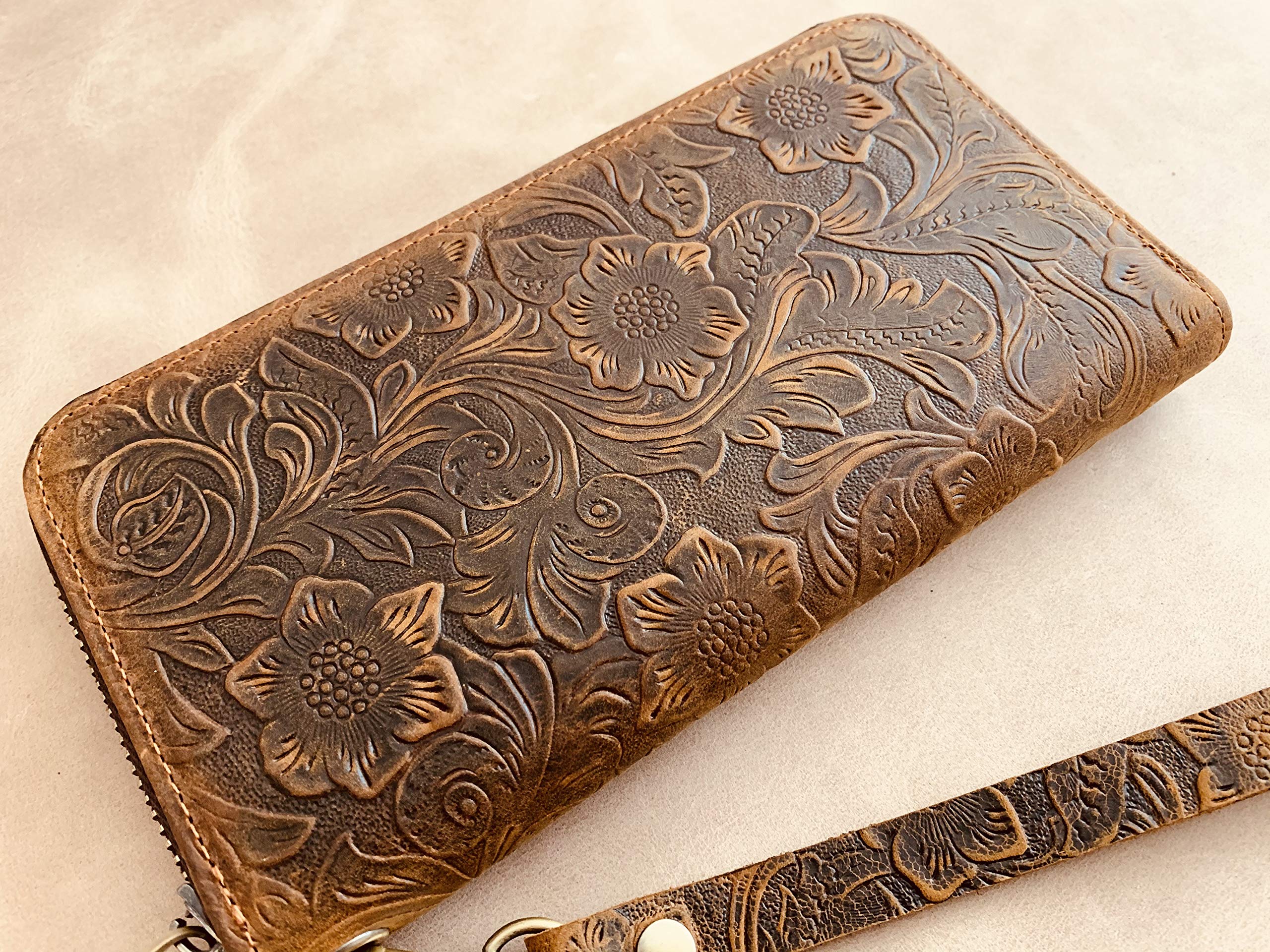 Women's Leather Wallet Organizer with Zipper - Long Floral Wristlet Wallet for Everyday Use, Travel & Gift Giving