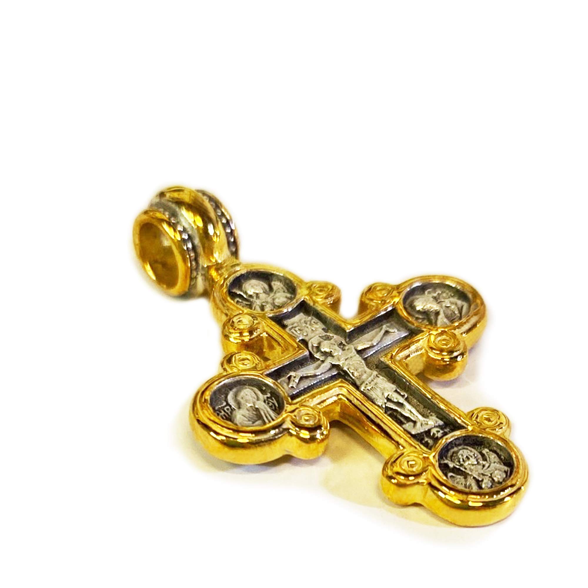 Sterling Silver 925 24K Gold Plated Byzantine Style Lobed Cross Pendant with Crucifixion, Archangels Michael & Gabriel, Virgin Mary & St. John - 1 3/8