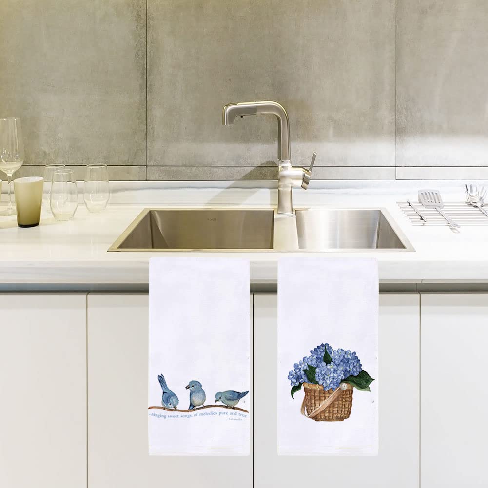 Blue Birds & Hydrangea Floral Kitchen Dish Towels Set of 2 - 18