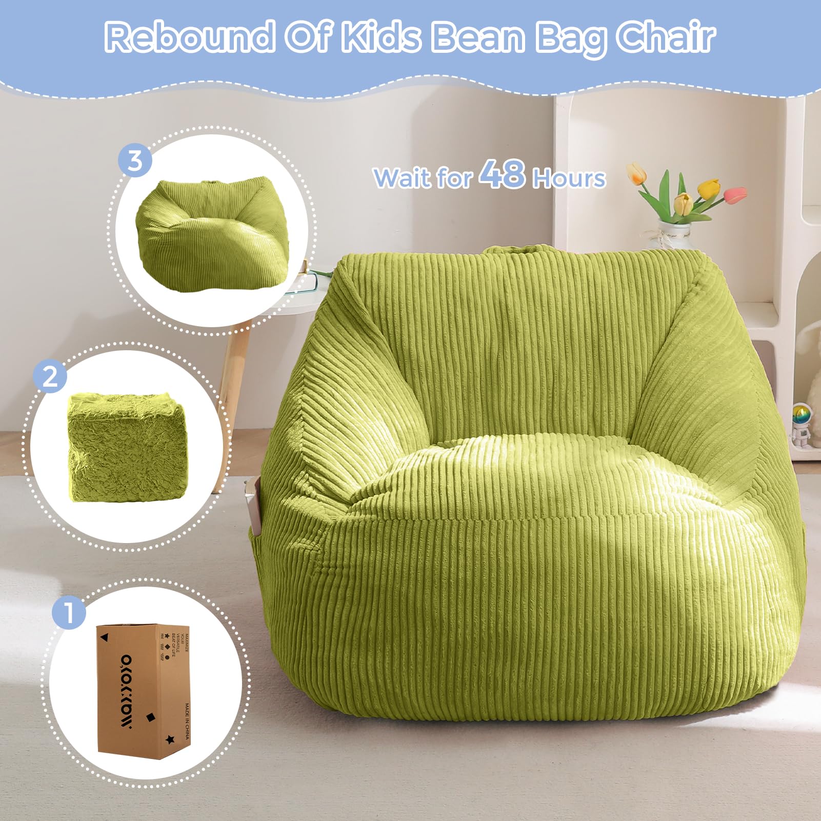 MAXYOYO Kids Bean Bag Chair - Corduroy Bean Bag Couch with Handle & Pocket for Gaming, Reading & Relaxing (Green) - Perfect for Bedrooms, Playrooms & Dorm Rooms