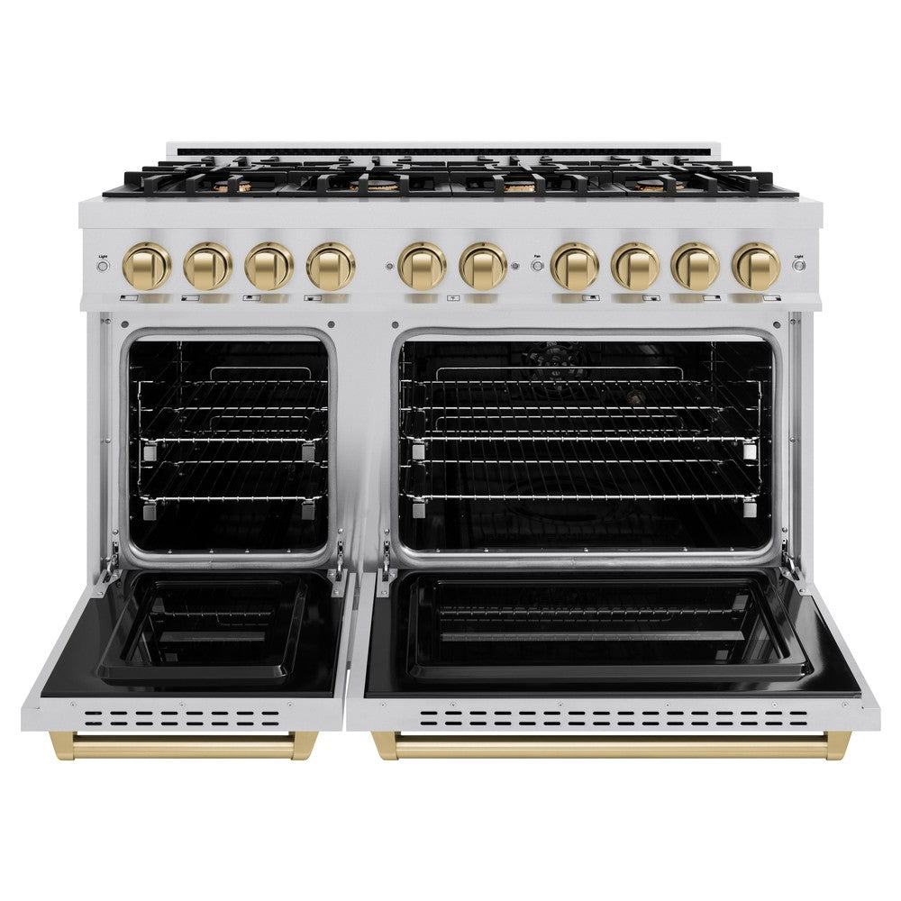ZLINE Autograph Edition 48-inch 6.7 cu. ft. Classic Double Oven Dual Fuel Range with 8-Burner Gas Cooktop - Stainless Steel & Champagne Bronze Accents (CDRZ 48 CB) - Perfect for Professional Kitchens & Luxury Home Cooking