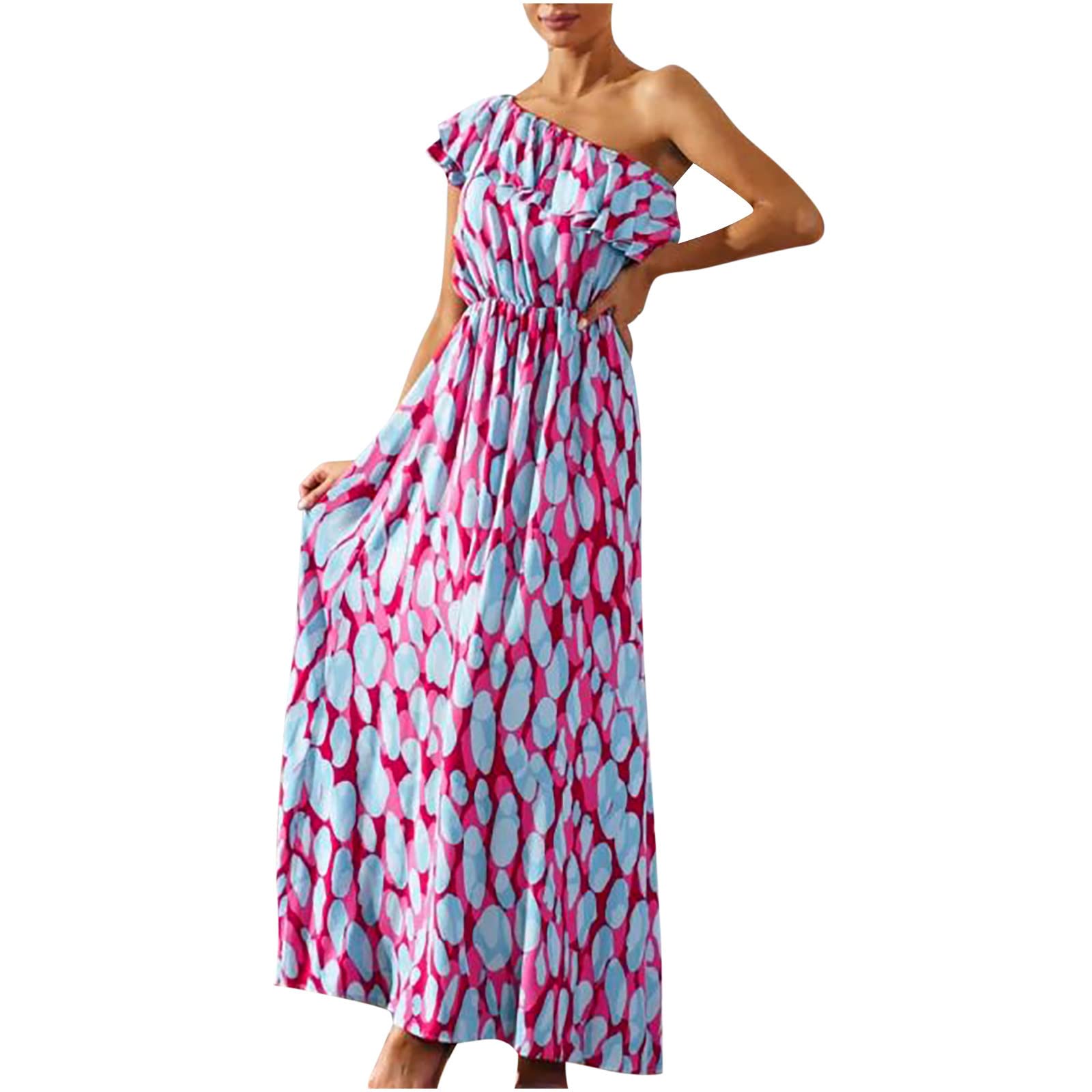 2023 Women's Summer Dresses - Boho One Shoulder Sleeveless Maxi Sundress with Elastic Waist | Beach Cover Up, Vacation Outfit & Casual Summer Wear