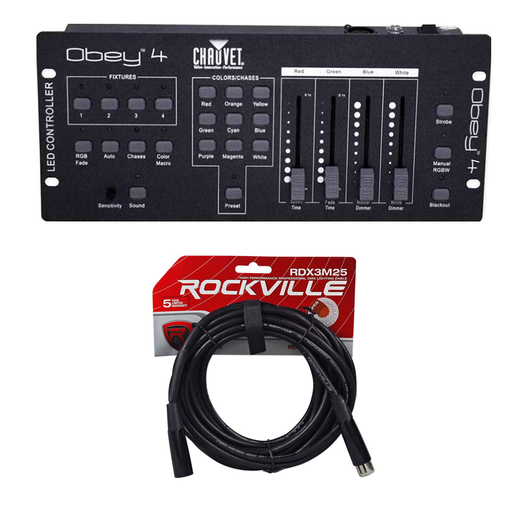 Chauvet Obey 4 DMX-512 LED Wash Light Controller with 3/4 Channel Mode & DMX Cable – Perfect for Stage Lighting, DJ Shows, and Live Events