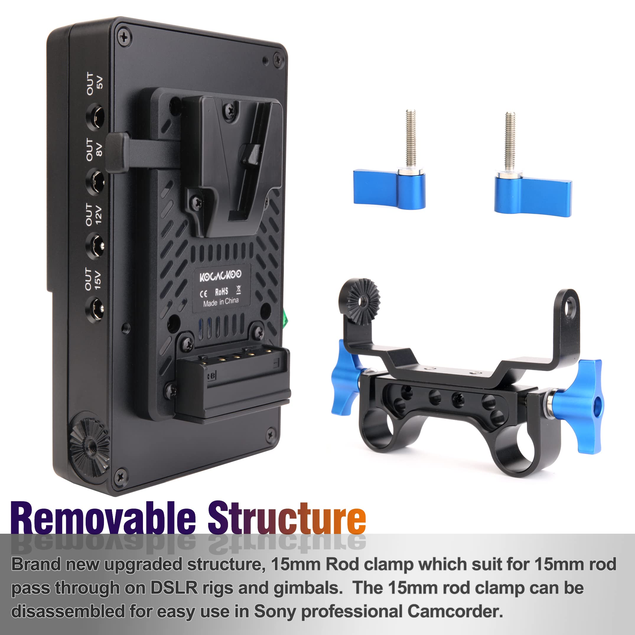 V-Mount to V-Lock Battery Adapter Plate with 15mm Rod Clamp & 6 DC Outputs - Power Supply Splitter for Sony Camcorders, BMPCC 4K/6K, DSLR Cameras - Perfect for Film Production, Live Streaming & On-Location Shooting