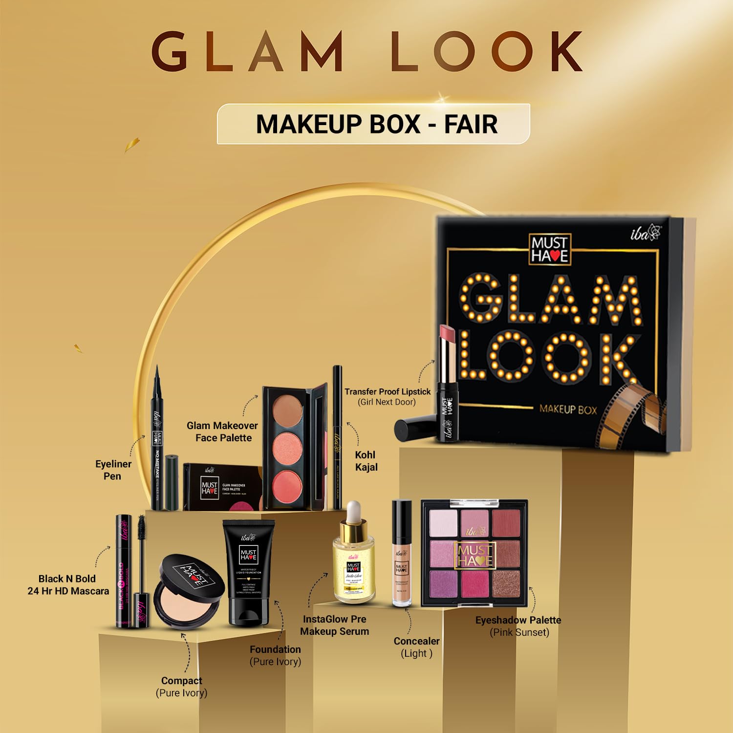 **Glam Look Makeup Box for Women - 9-in-1 Complete Makeup Kit with Waterproof Foundation, Matte Compact, Concealer, Transfer-Proof Lipstick, Face Palette, Eyeshadow, Kajal & More | Perfect for Eid Mubarak Gifts, Parties, Weddings & Everyday Glam**