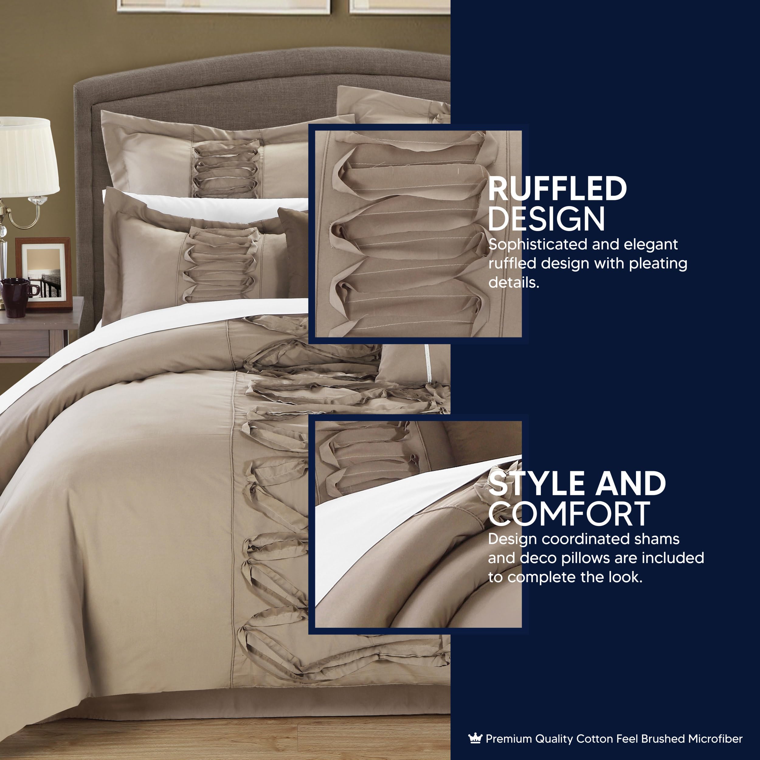 Chic Home 8-Piece Ruth Ruffled Comforter Set King Size in Taupe - Luxury Bedding for Master Bedroom & Guest Room Decor