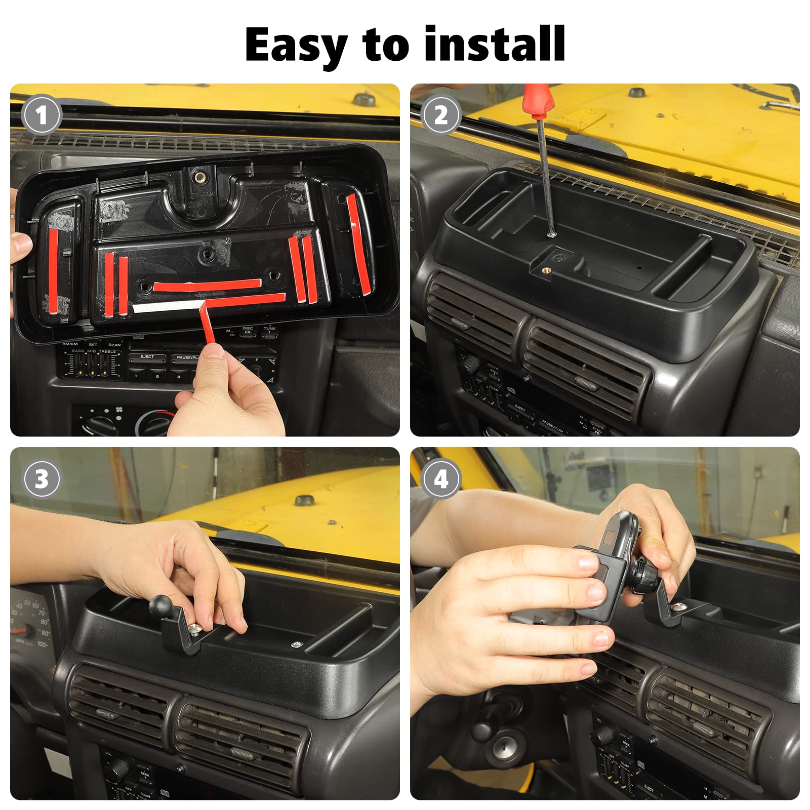 Jeep Wrangler TJ 1997-2006 Car Phone Mount Holder with Storage Tray - Universal Dash-Mount Organizer for Smartphones - Perfect Interior Accessory for Off-Road Adventures & Daily Commutes