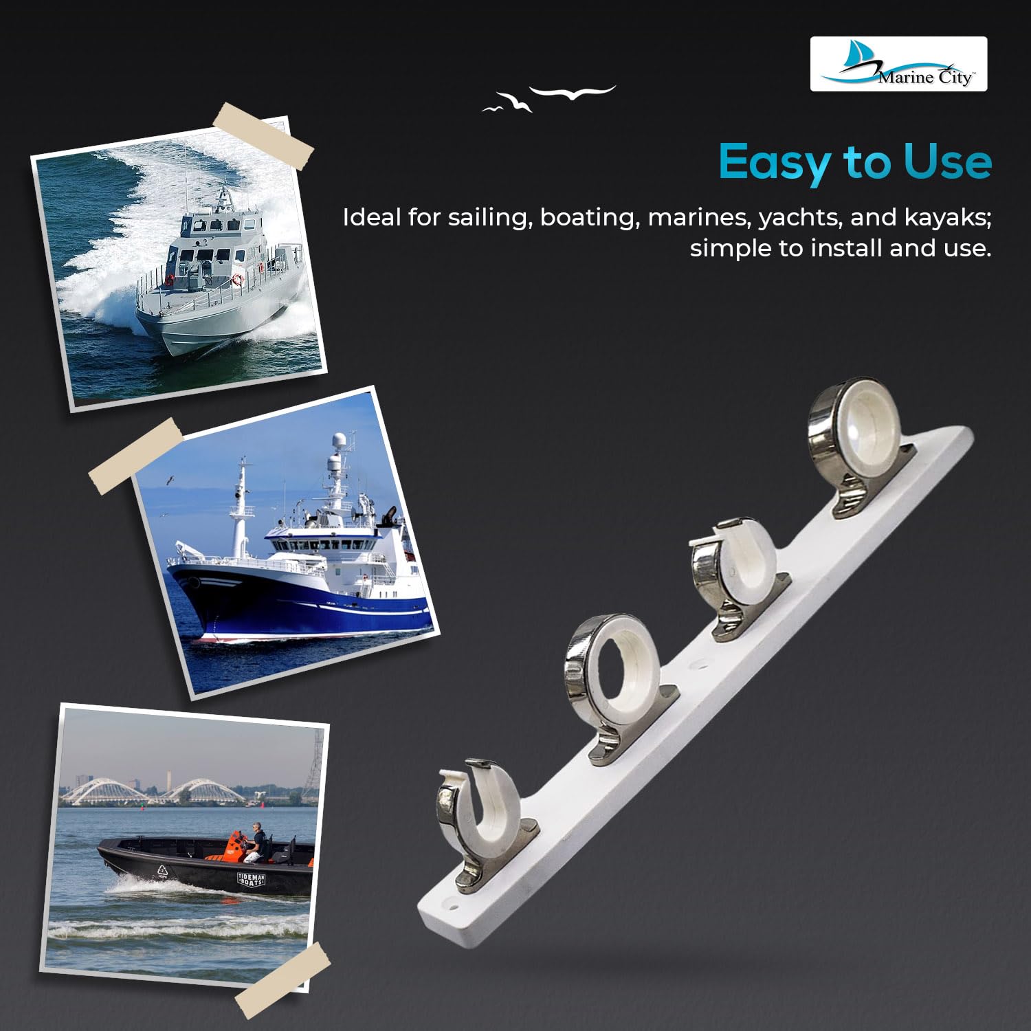 316 Stainless Steel Fishing Rod Holder Rack - White Poly Board with Smooth Polished Finish - Durable Marine & Boat Accessory for Fishing Rod Storage - Perfect for Yachts, Vans, Cars, Garages & Home Organization (1 Pack)