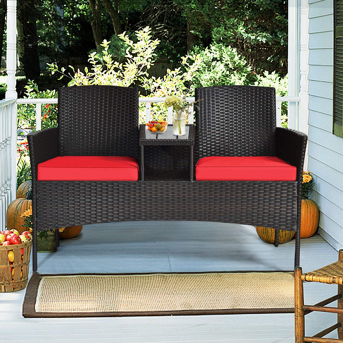 Outdoor Rattan Wicker Loveseat Patio Set with Removable Cushions & Coffee Table - Garden Lawn Backyard Conversation Furniture for Relaxing & Entertaining