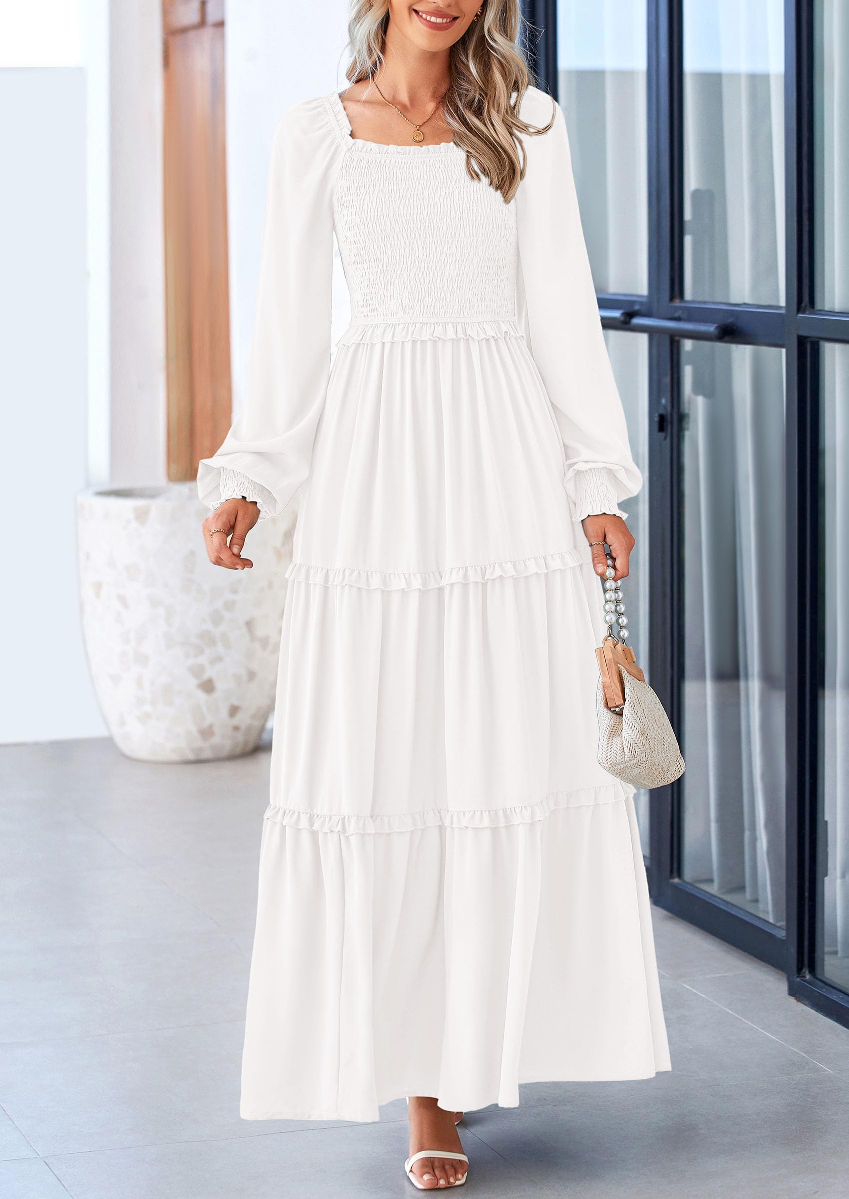 PRETTYGARDEN Women's Smocked Maxi Dress - Long Sleeve Square Neck Tiered A-Line Flowy Dress with Pockets for Spring & Fall | Casual Wear for Brunch, Date Night & Outdoor Events