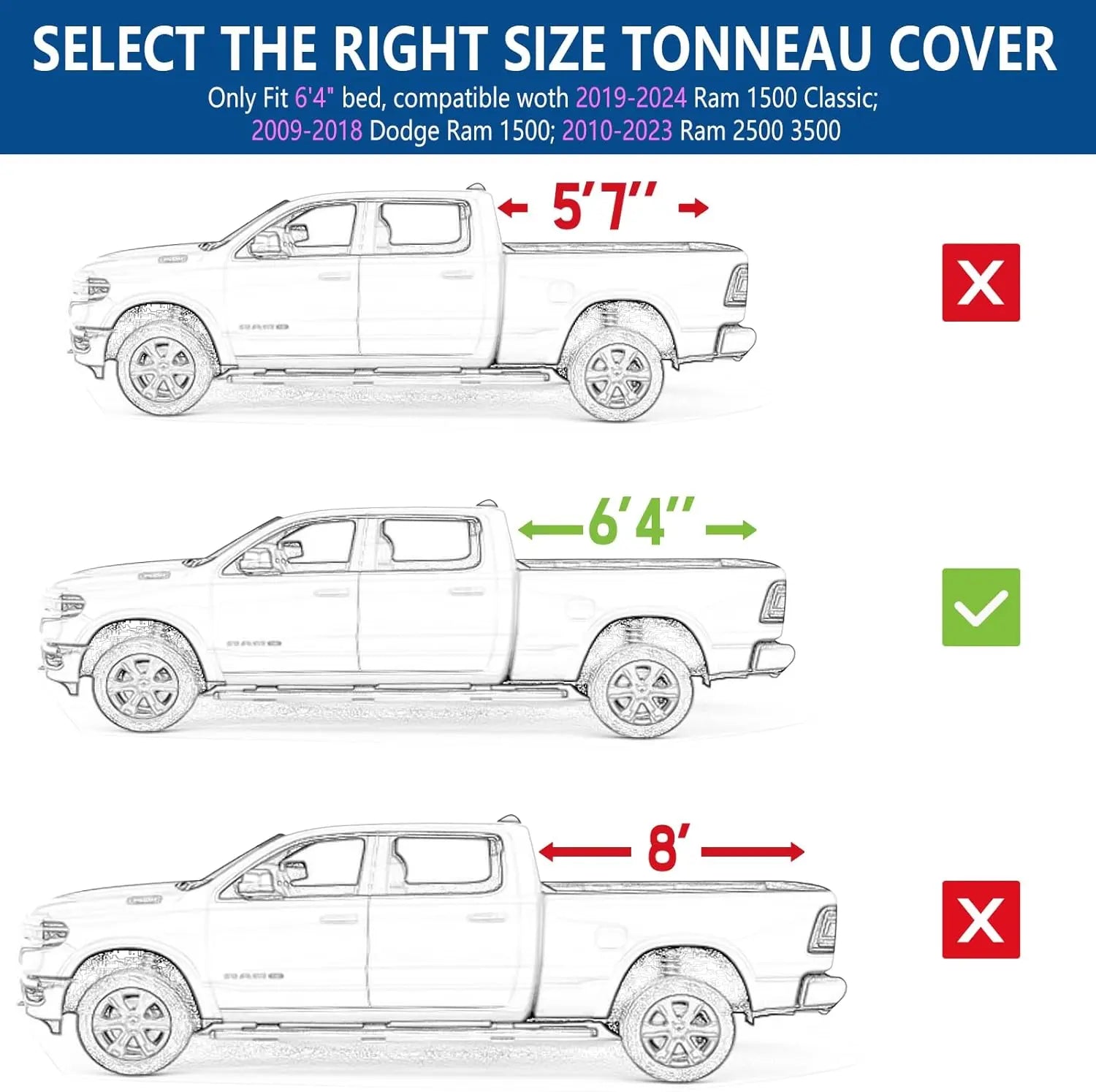 WEIZE Soft Roll Up Truck Bed Tonneau Cover for 2009-2024 Dodge Ram 1500/2500/3500 | 6'4