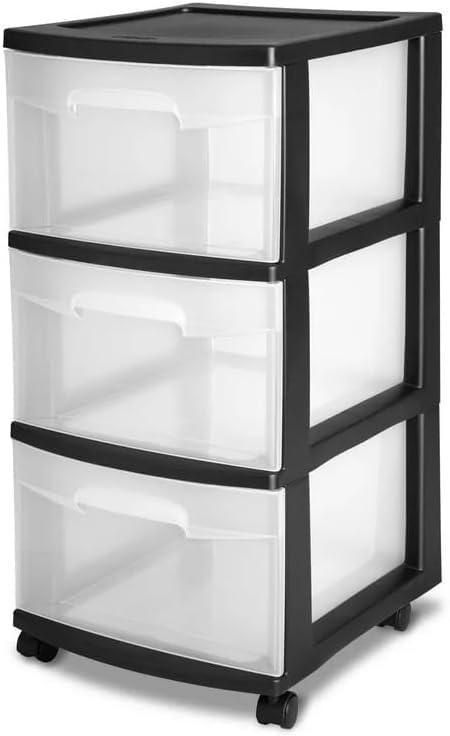 3-Drawer Plastic Storage Cart with Removable Wheels - Medium Home Organization Solution for Bedroom, Closet & Office - Black (Set of 1)