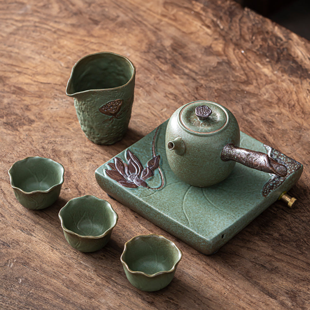 Japanese Coarse Pottery Kyusu Teapot with Lotus Design - Handmade Ceramic Tea Set for Green Tea, Matcha & Herbal Tea - Perfect for Tea Ceremonies, Home Brewing & Gifting